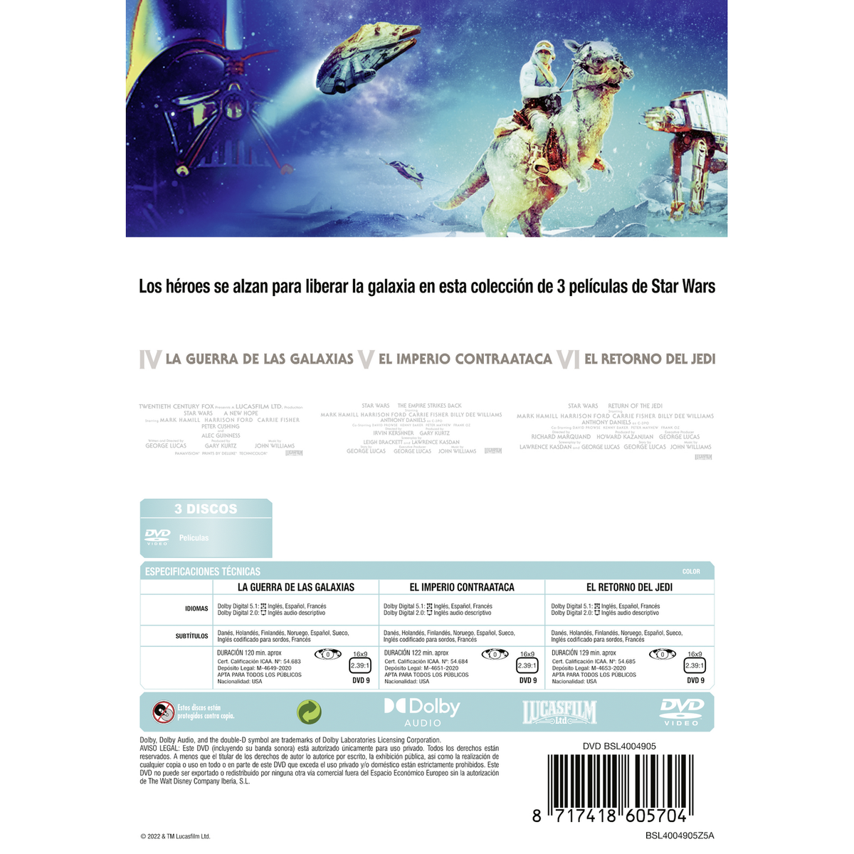 Portada de DVD. El pack de la trilogía de Star Wars que muestra los títulos de las películas.