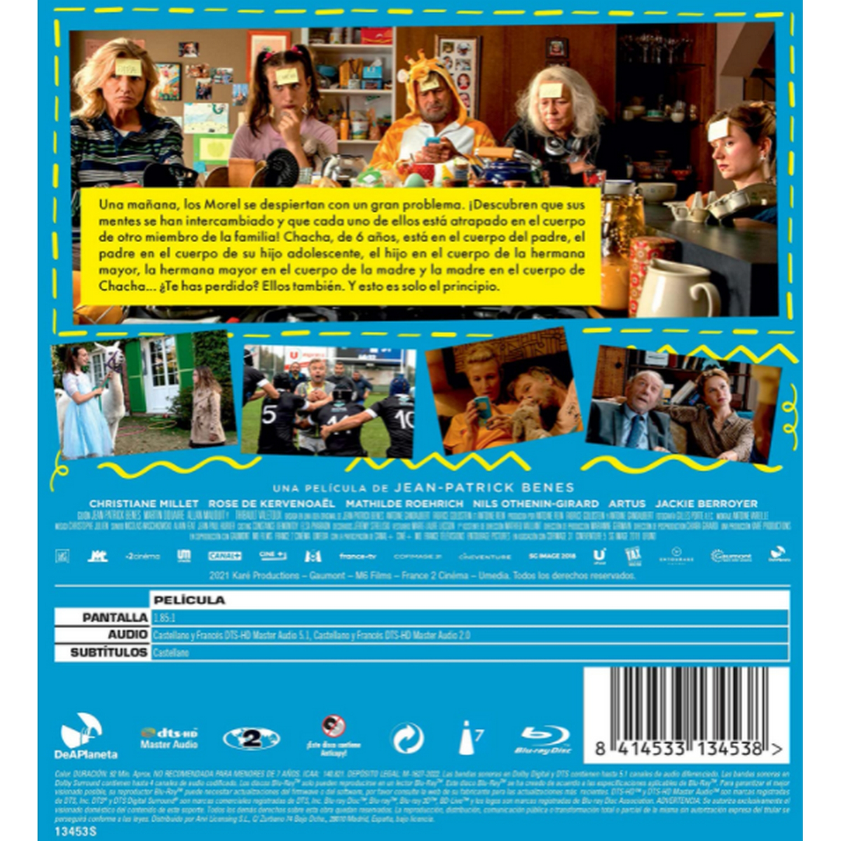 Portada de DVD. Gente con notas adhesivas en la frente, con texto encima de las fotos.