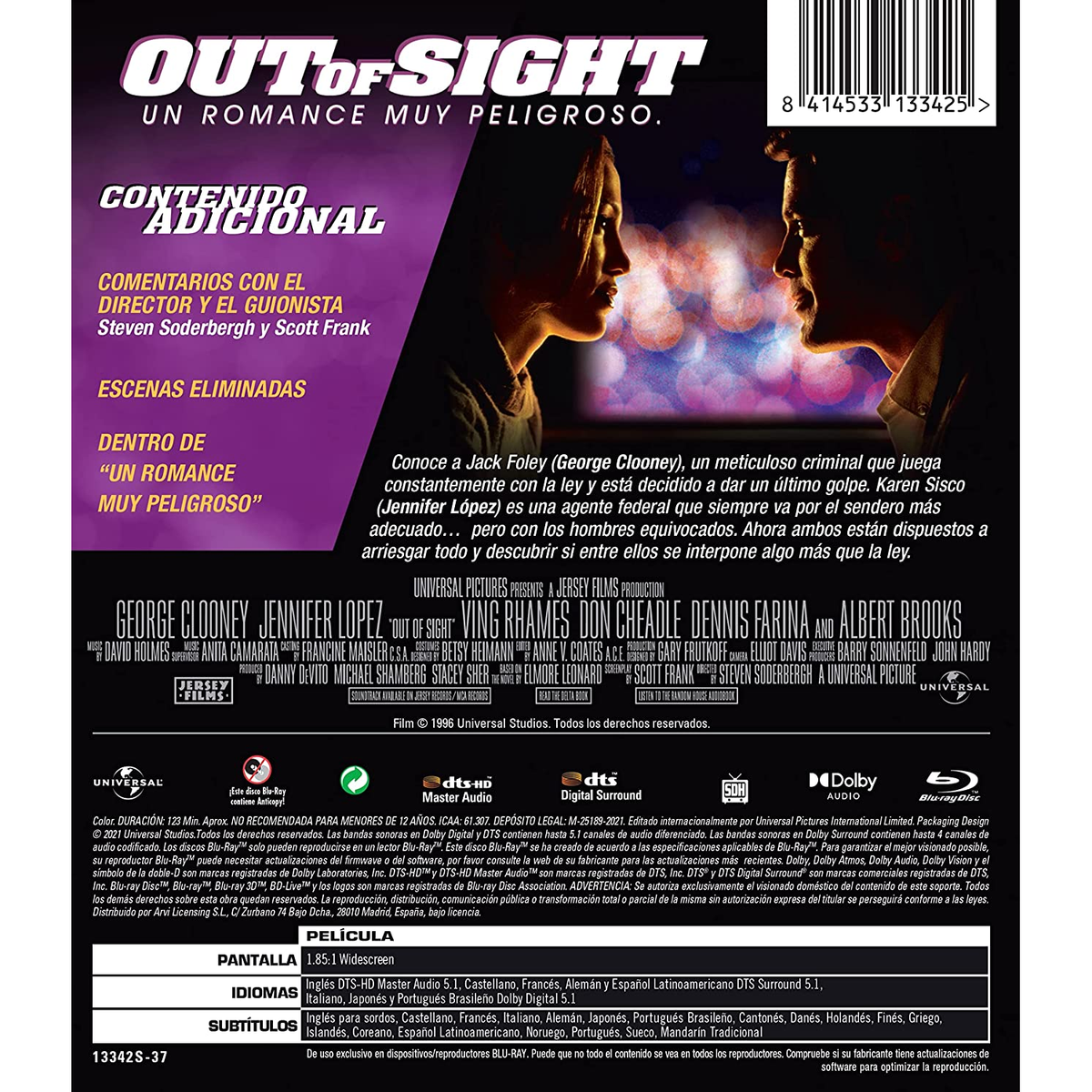 Contraportada de un DVD. Contiene texto e imágenes sobre la película 'Out of Sight'.