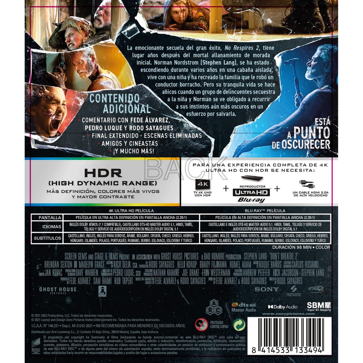 Parte trasera de la caja de Blu-ray. Texto y actores. Título: Don't Breathe 2.