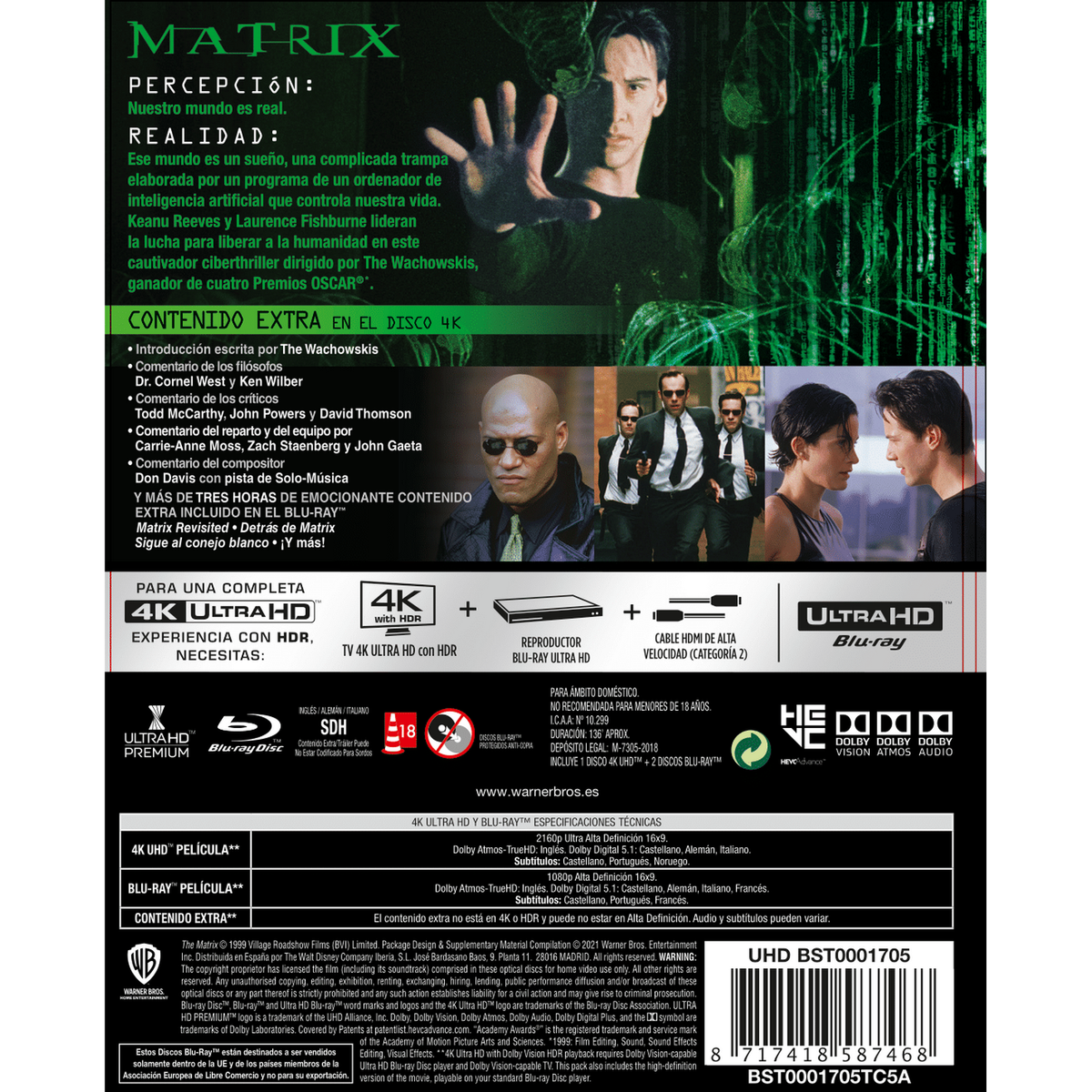 Parte trasera de la caja de DVD de 'The Matrix', con Keanu Reeves, Laurence Fishburne y detalles.