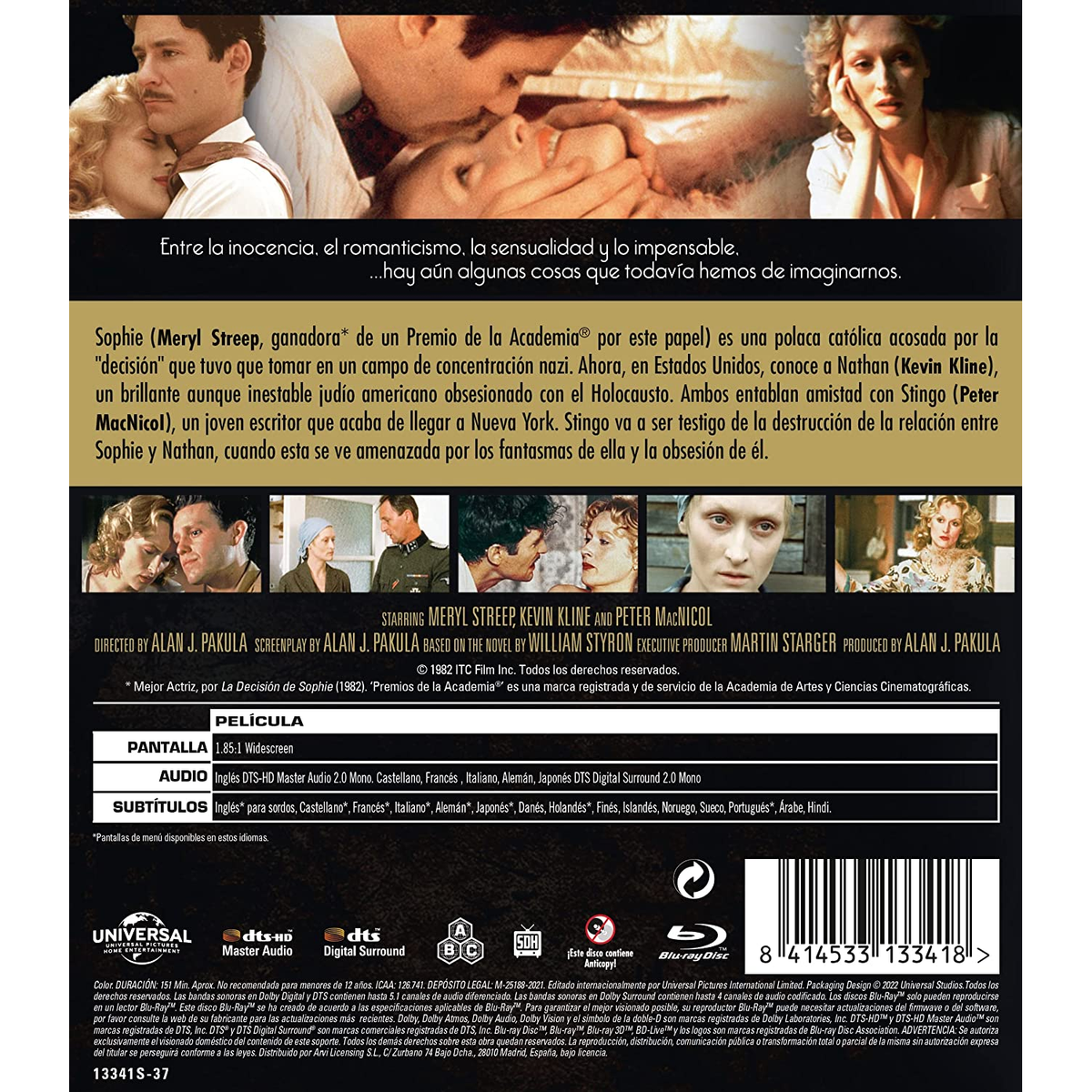 Parte trasera de una caja de DVD con texto en español que detalla la película 'La decisión de Sophie'.