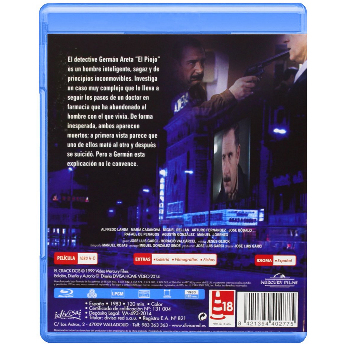 Contraportada del DVD. Dos hombres, una mujer y texto en español. El fondo es un edificio.