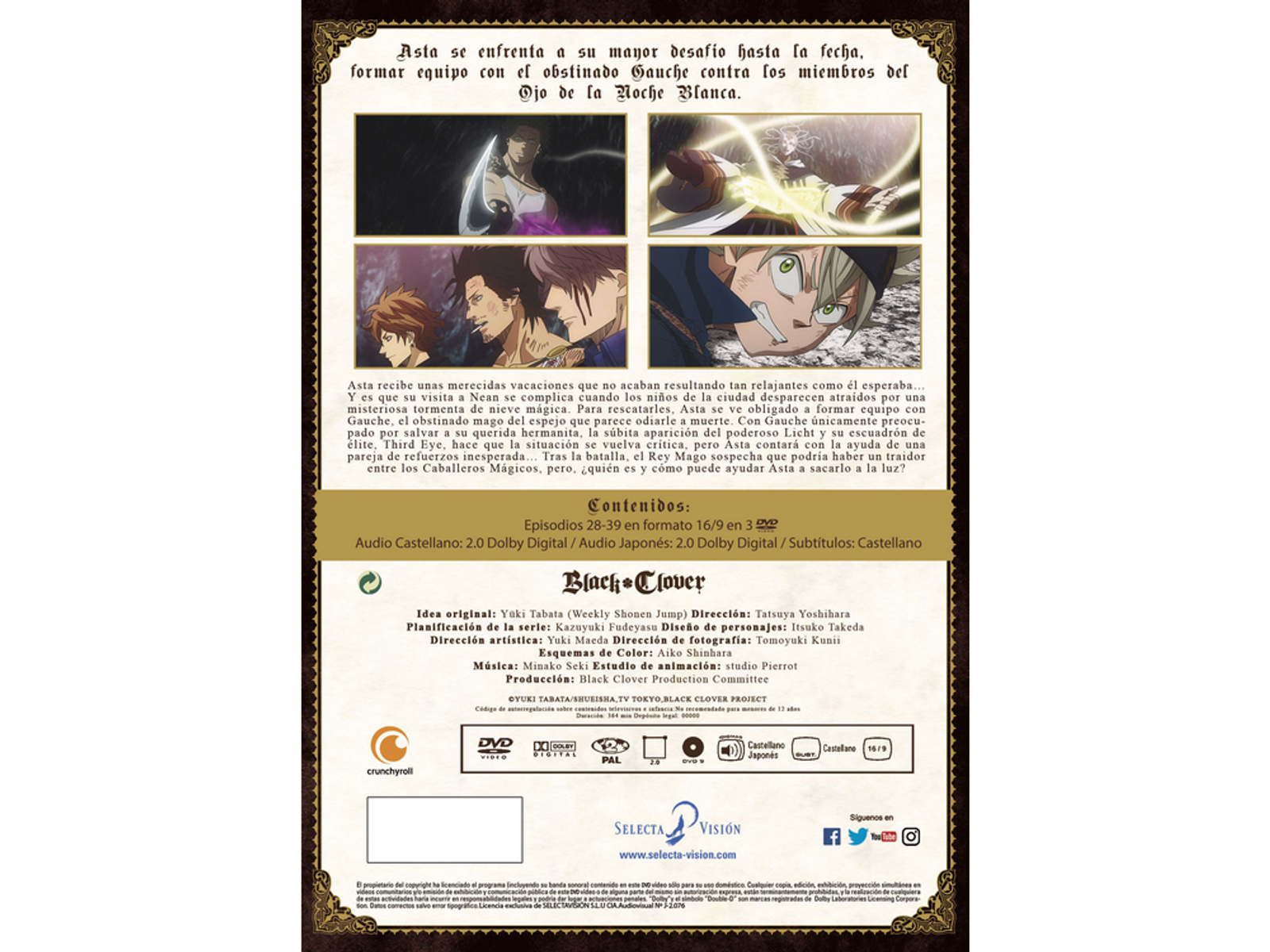 Contraportada de Black Clover. Varios personajes con texto y título, con información detallada.