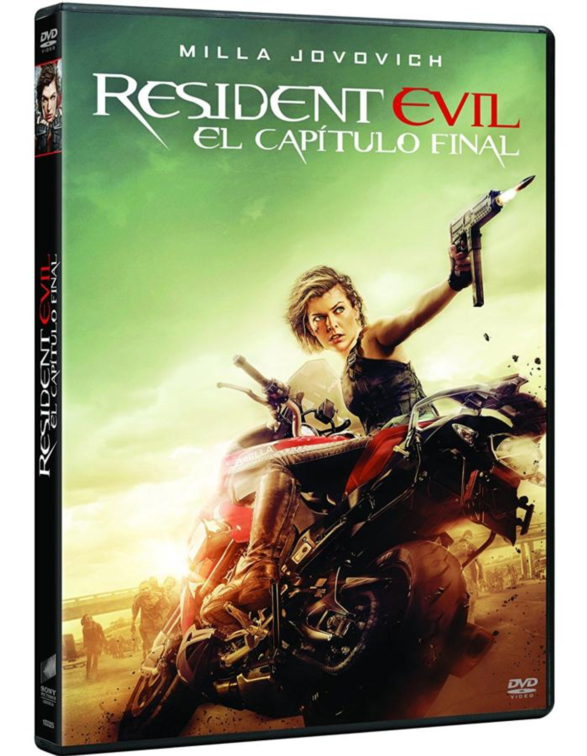 Portada de DVD: Milla Jovovich en una moto, sosteniendo una pistola. Título: Resident Evil: The Final Chapter.