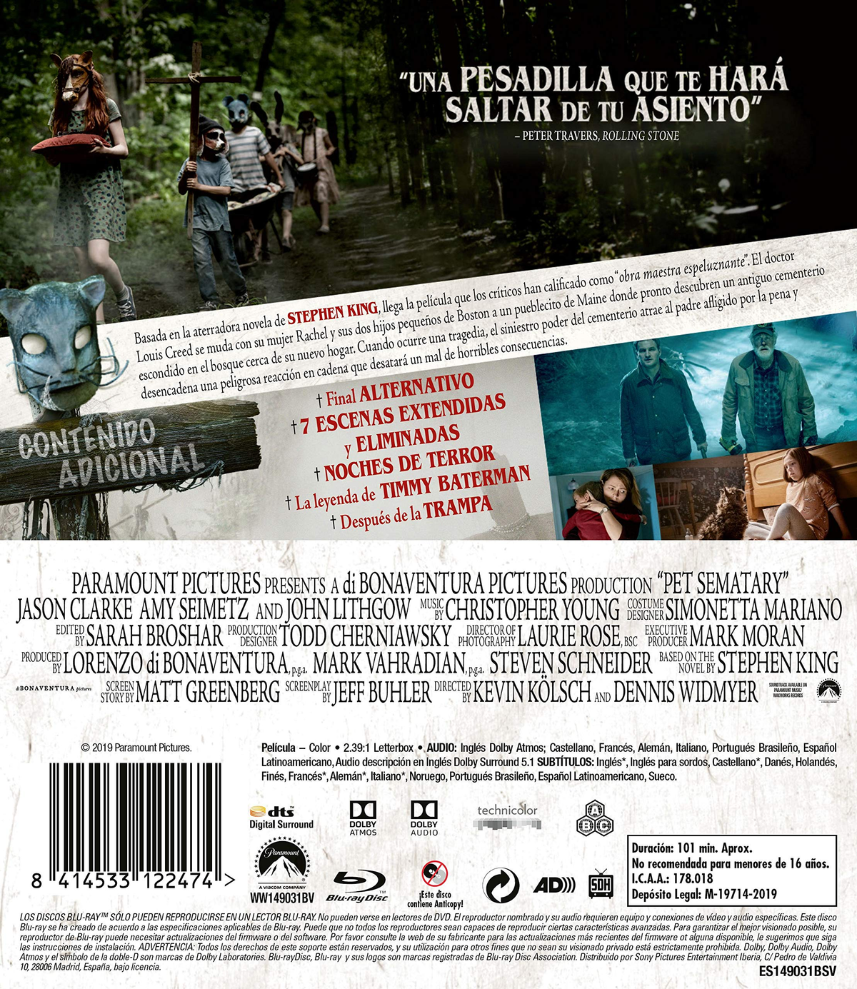 Portada de Blu-ray con personas con máscaras. Un grupo de personas caminando por un bosque, tema oscuro.