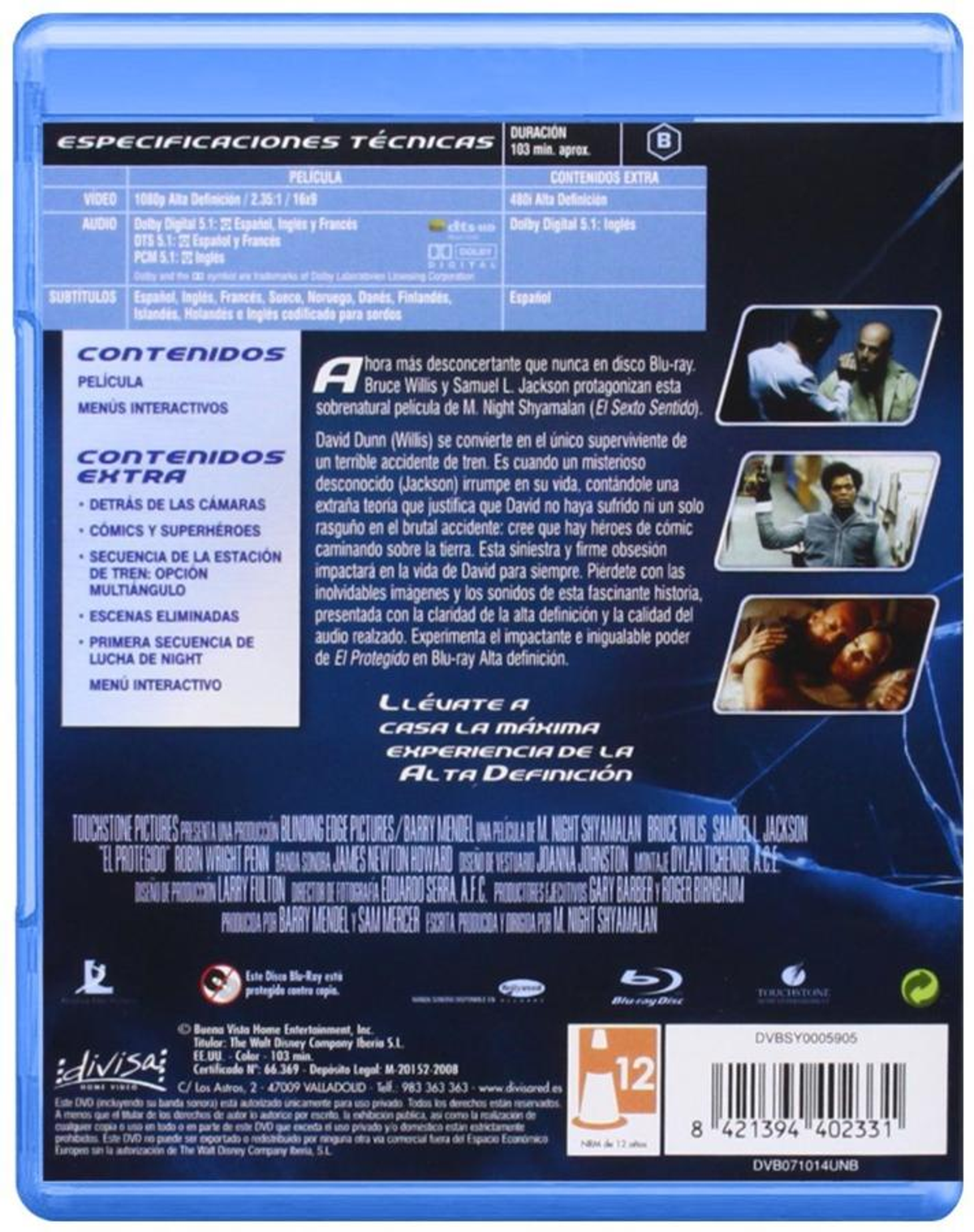 Contraportada de película: texto, imágenes de escenas de la película, título: El protegido, cubierta azul.