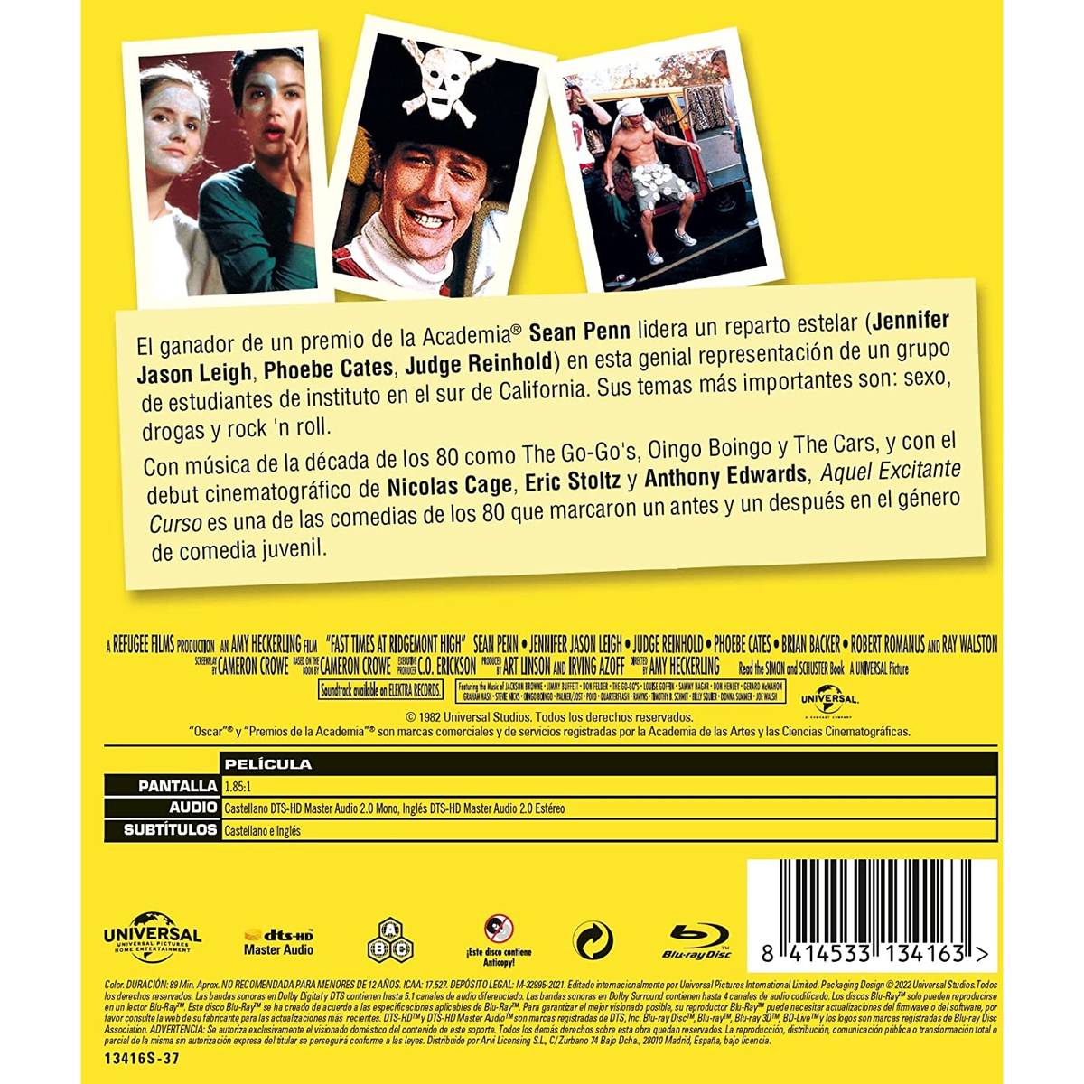 Caja de DVD de 'Fast Times at Ridgemont High' con el título y actores de la película en la parte trasera.