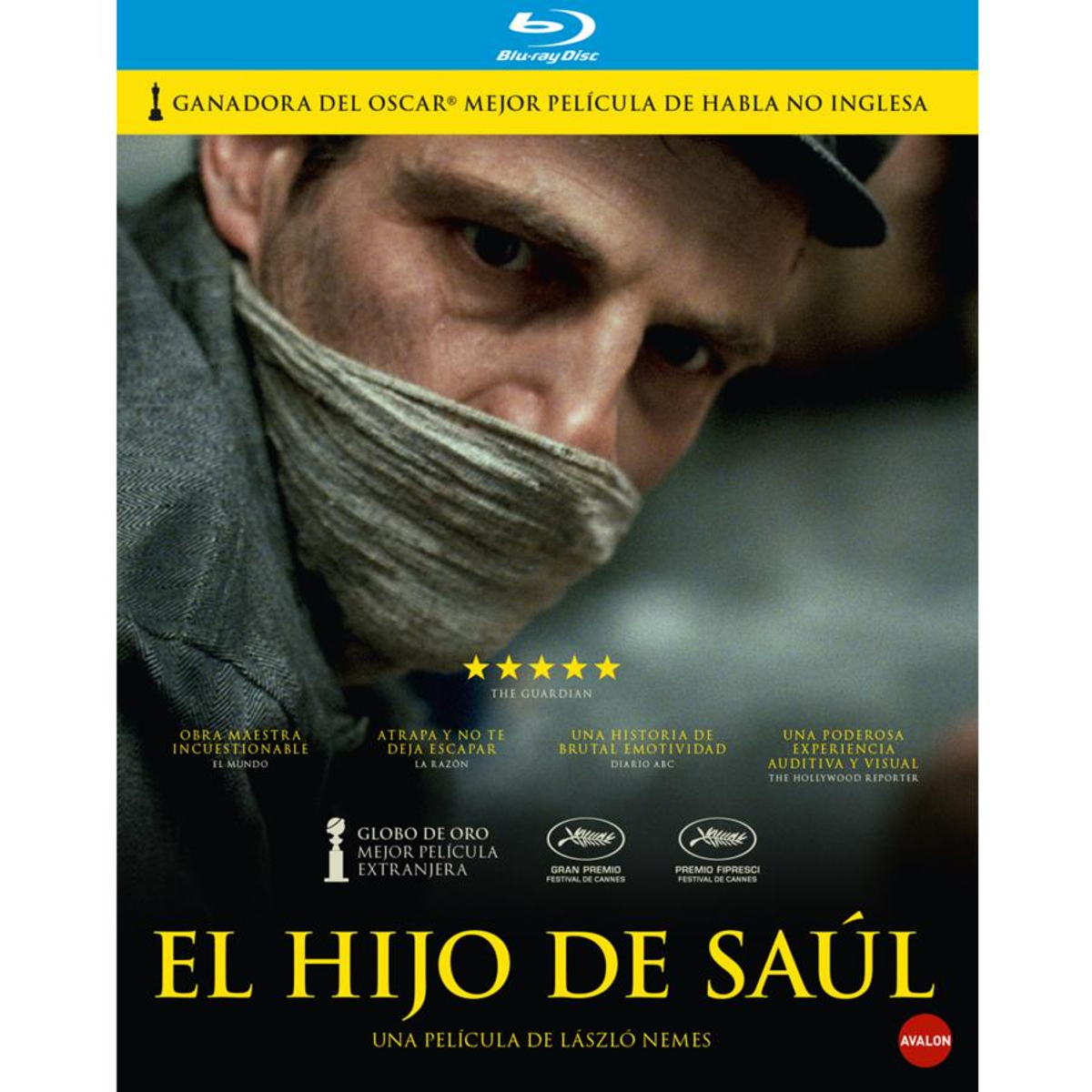 Portada de DVD: Hombre con bufanda, título 'Son of Saul', con premios de cine y calificación por estrellas.