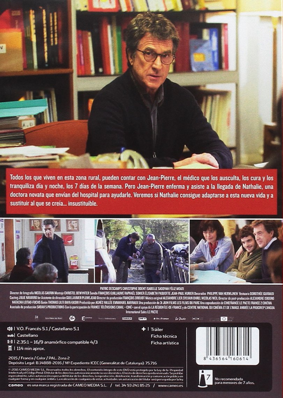 Portada de la película: un hombre hablando frente a una estantería. Otras imágenes abajo. Texto en la contraportada.