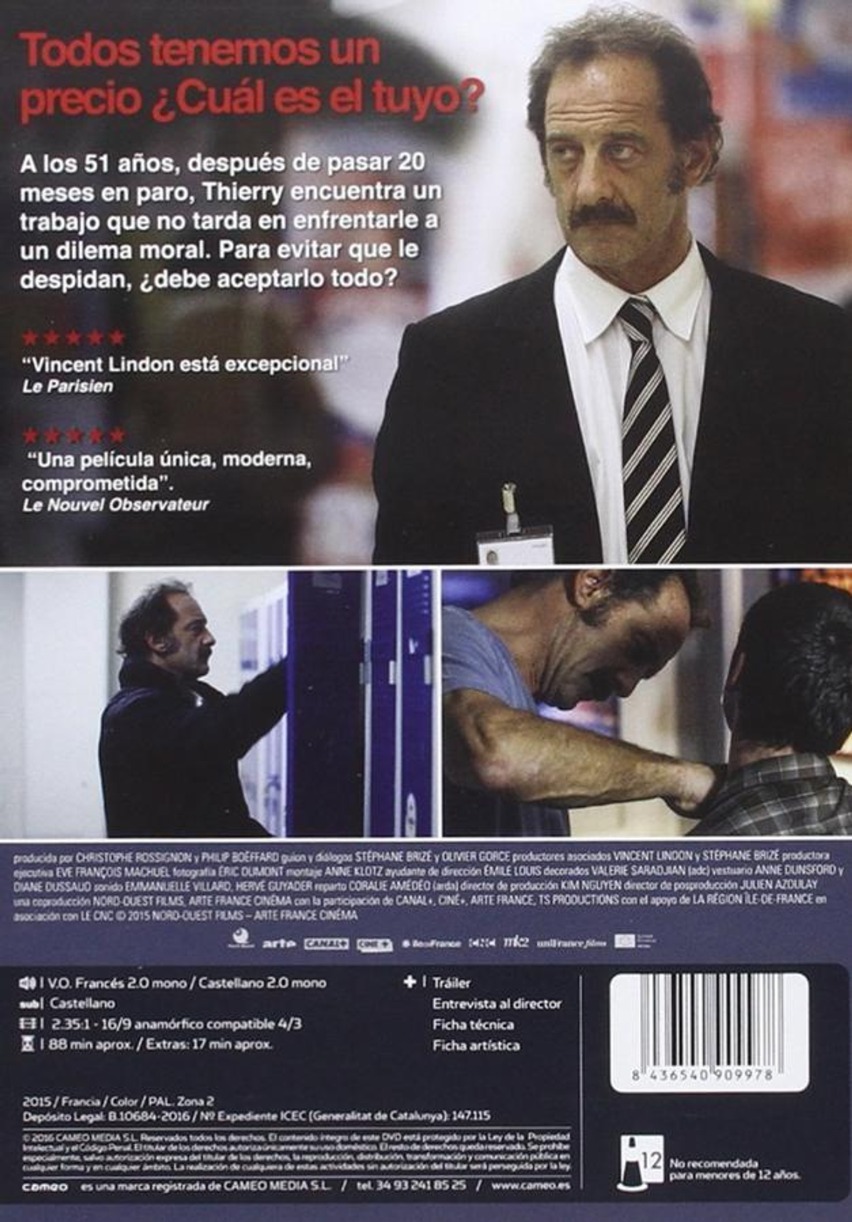 Parte trasera de una caja de DVD con un hombre, texto y el título de la película, 'V.O. France'.