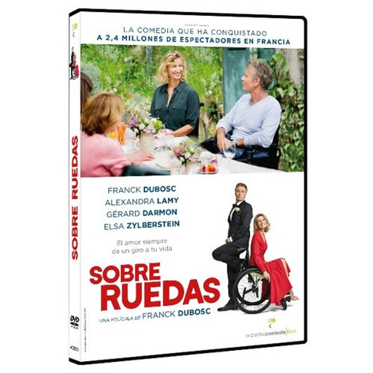 Portada de DVD de 'Sobre Ruedas', con una pareja, una en silla de ruedas, y el título.