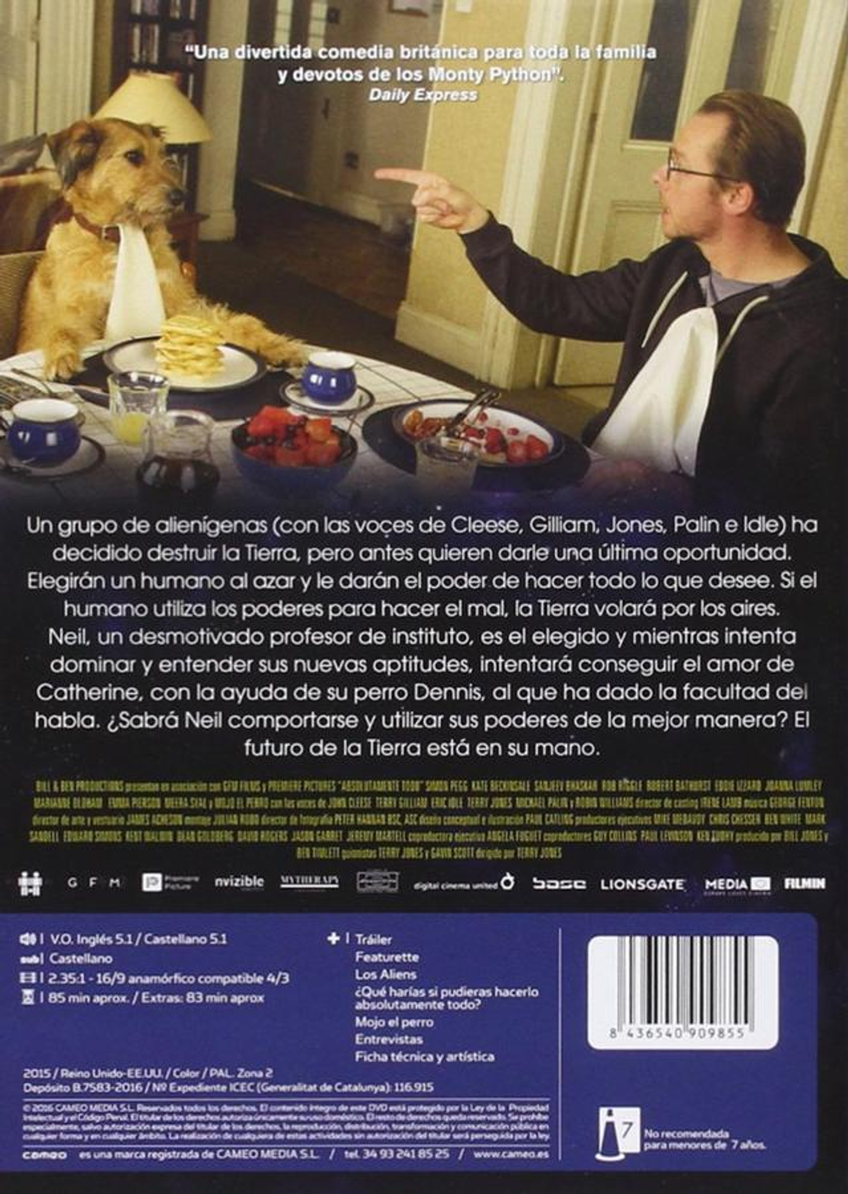 Portada de DVD: Hombre señalando comida en la mesa. Un perro con servilleta. Texto sobre alienígenas.