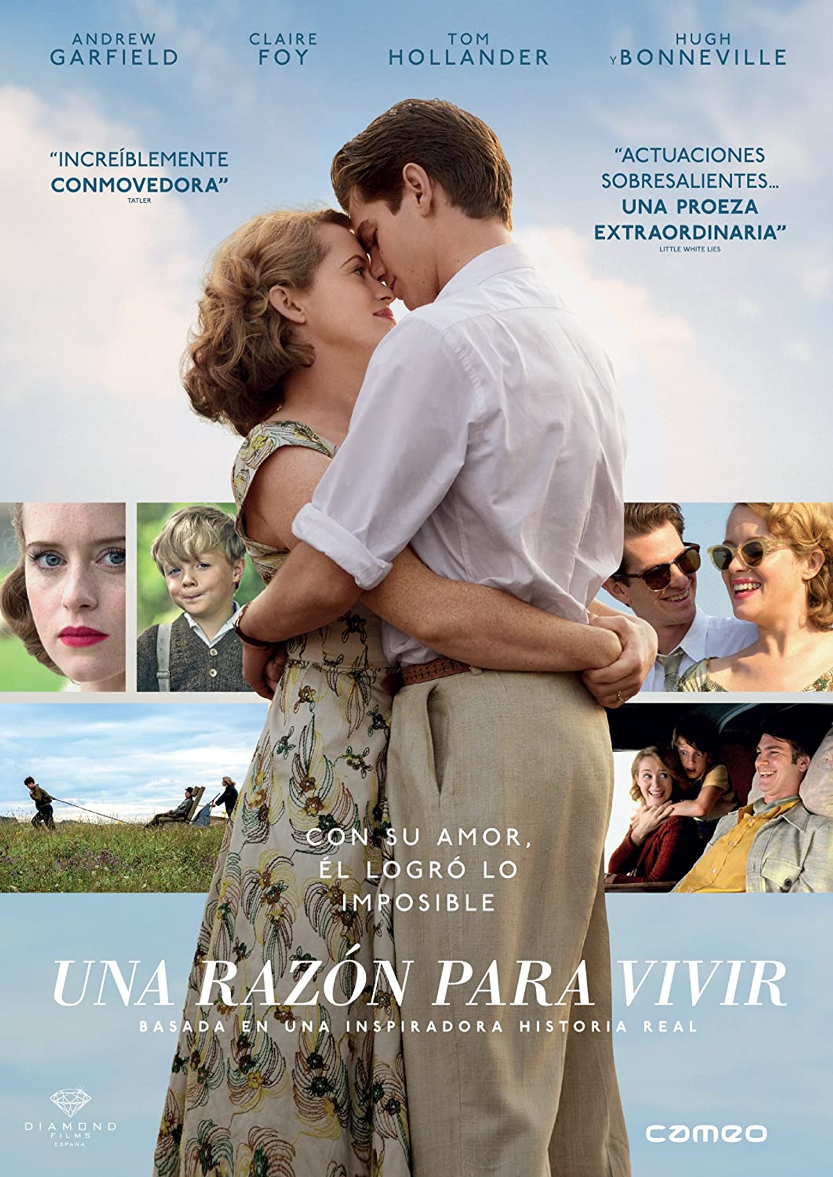 Póster de la película 'Una razón para vivir'. La pareja se abraza. Otras fotos pequeñas en el fondo.