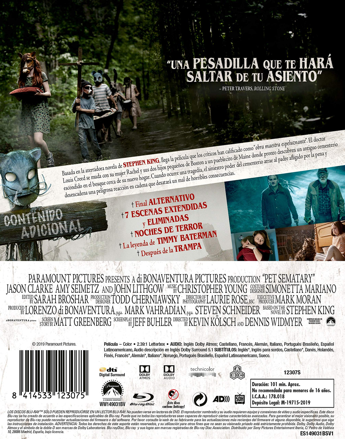 Portada de DVD de Pet Sematary. Una niña con un gato y un grupo de personas caminando por un bosque.