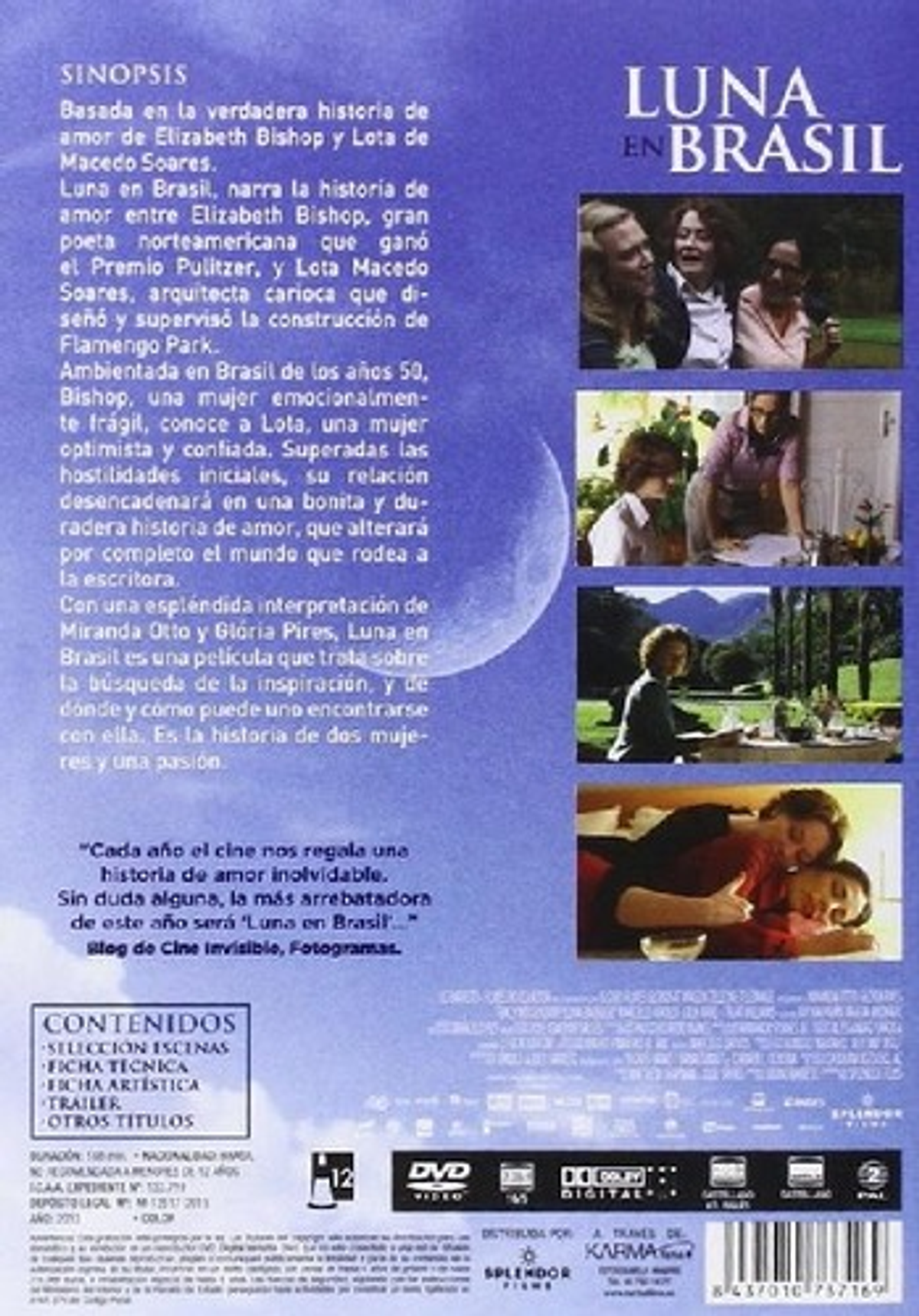 Parte trasera de una caja de DVD. Contiene texto e imágenes sobre la película 'Luna em Brasil'.