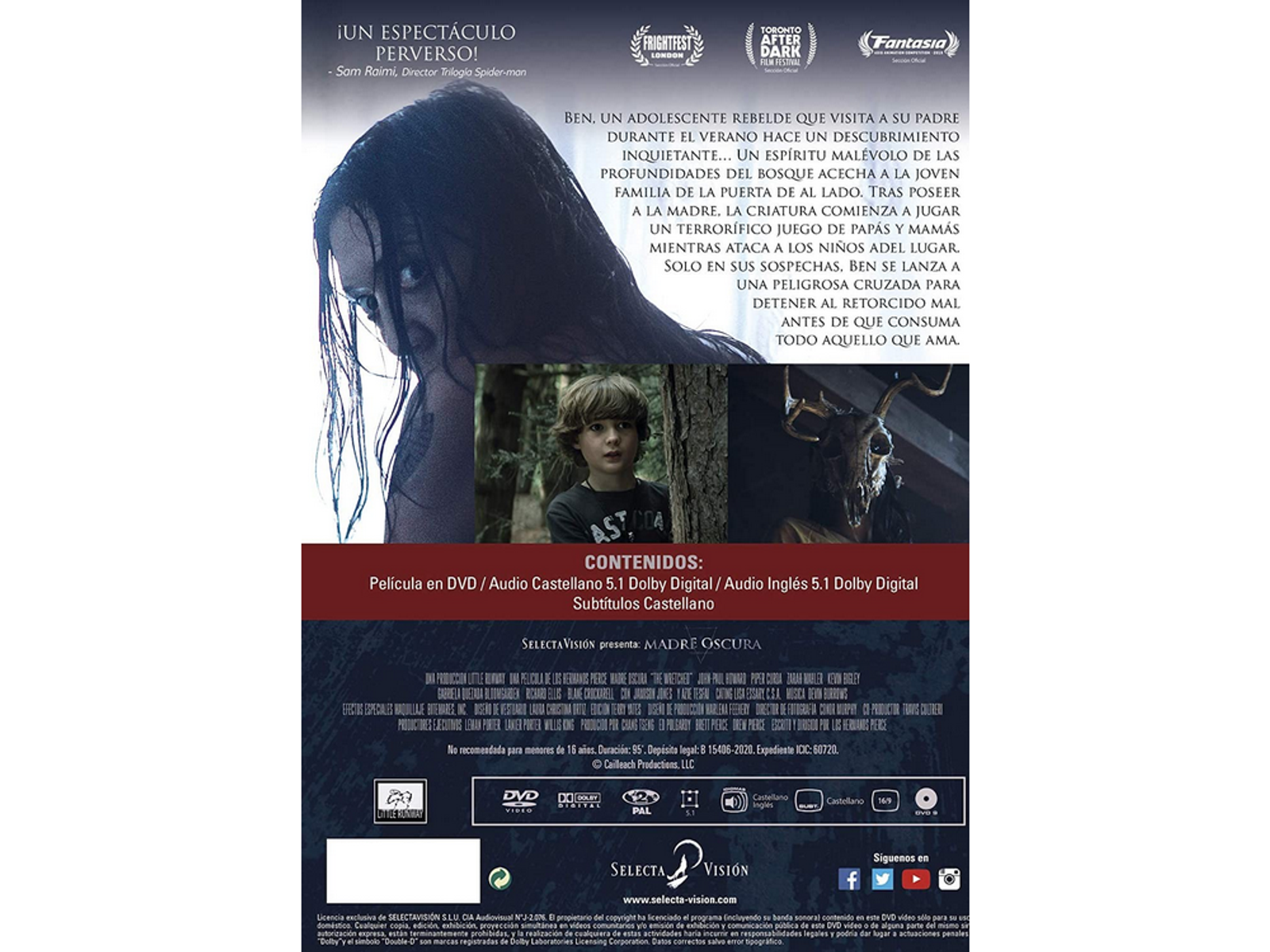 Portada de DVD con la cara de una niña y un niño en un bosque. El título es 'Madre Oscura' en español.