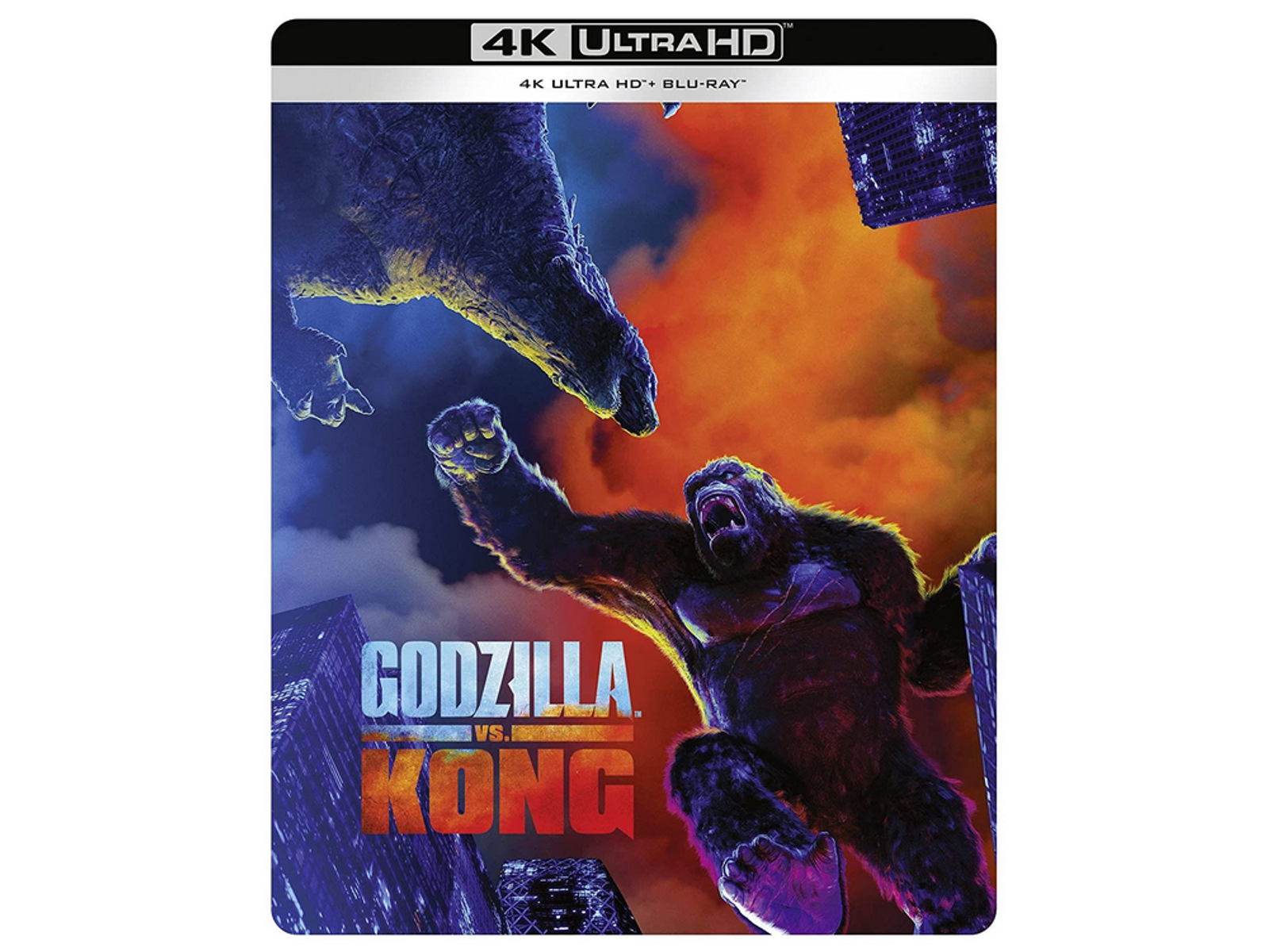 Portada de película. Godzilla y King Kong peleando en una ciudad. Edificios y cielo.