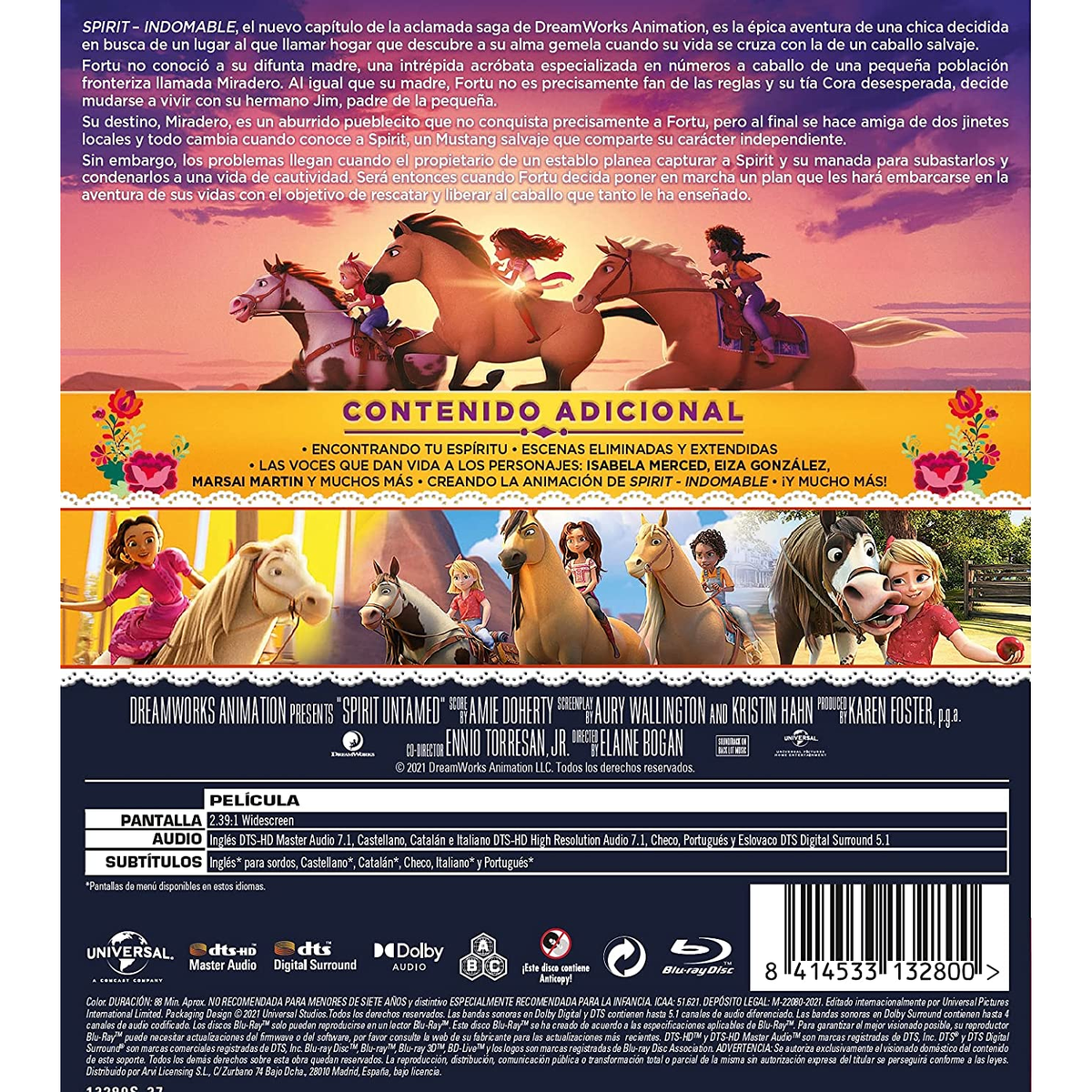 Portada de la película: Caballos corriendo. Título 'Spirit Untamable'. Fondo: paisaje con más caballos.