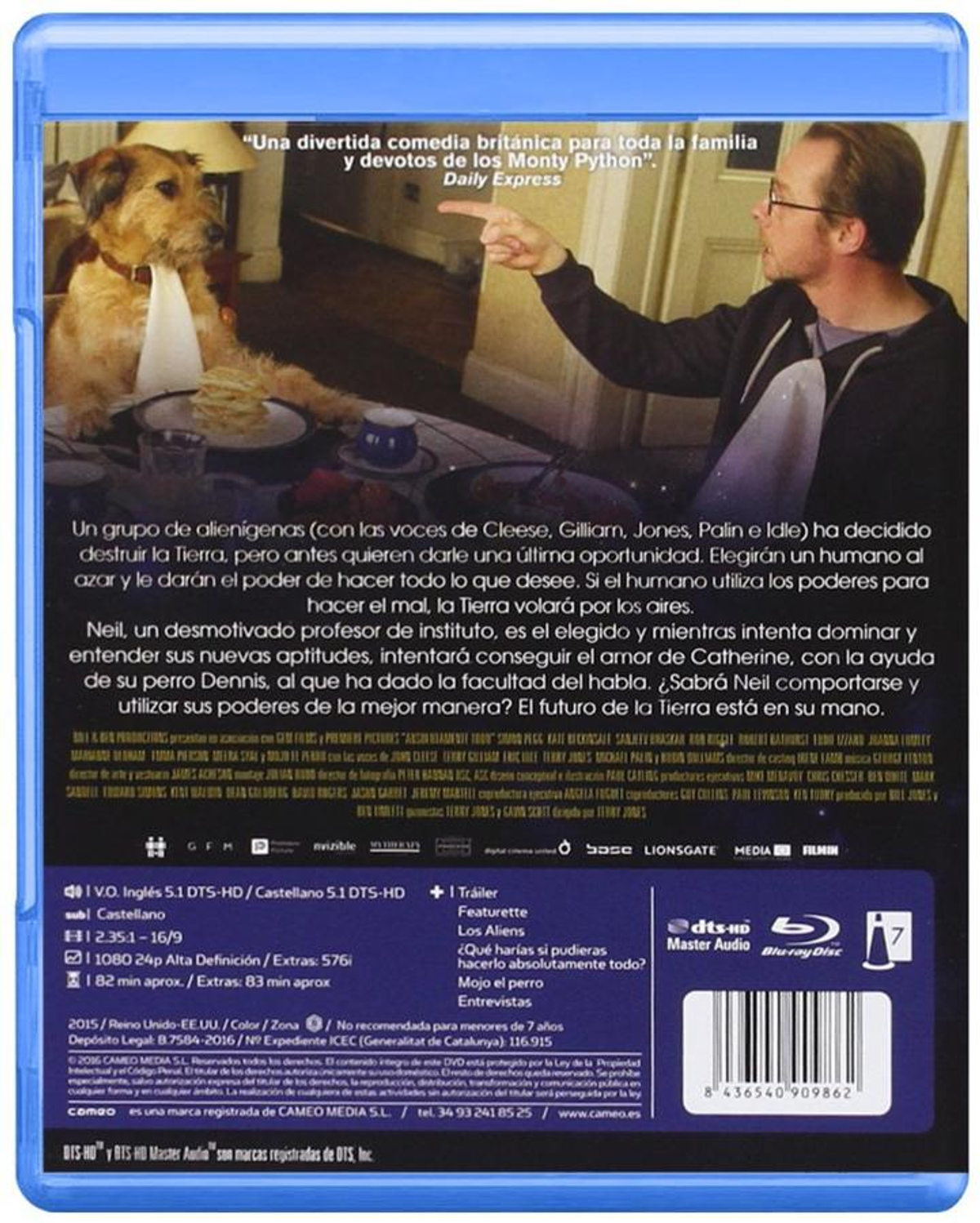 Portada de DVD: Un perro y un hombre de pie frente a una casa. Texto en español.