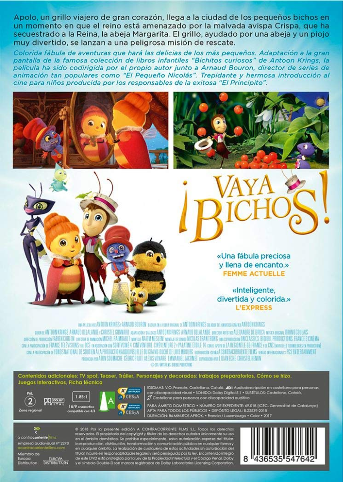 Portada de DVD de '¡Vaya bichos!' con personajes de dibujos animados y texto en español, con una abeja como personaje principal.