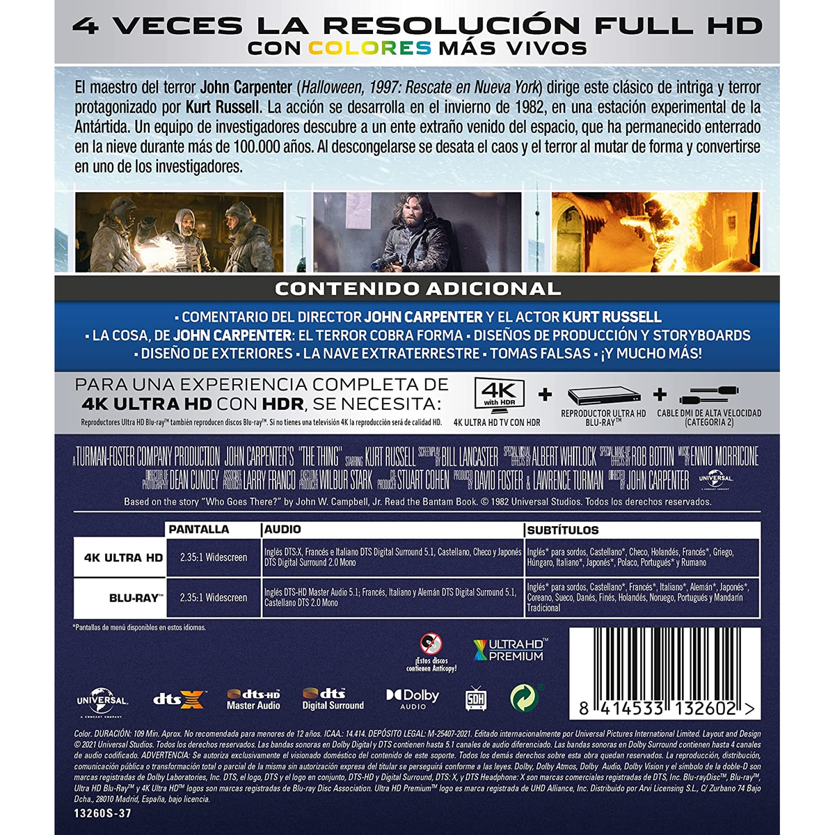 Contraportada de 'The Thing' Blu-ray. Muestra el reparto, créditos y detalles de contenido adicional en español.