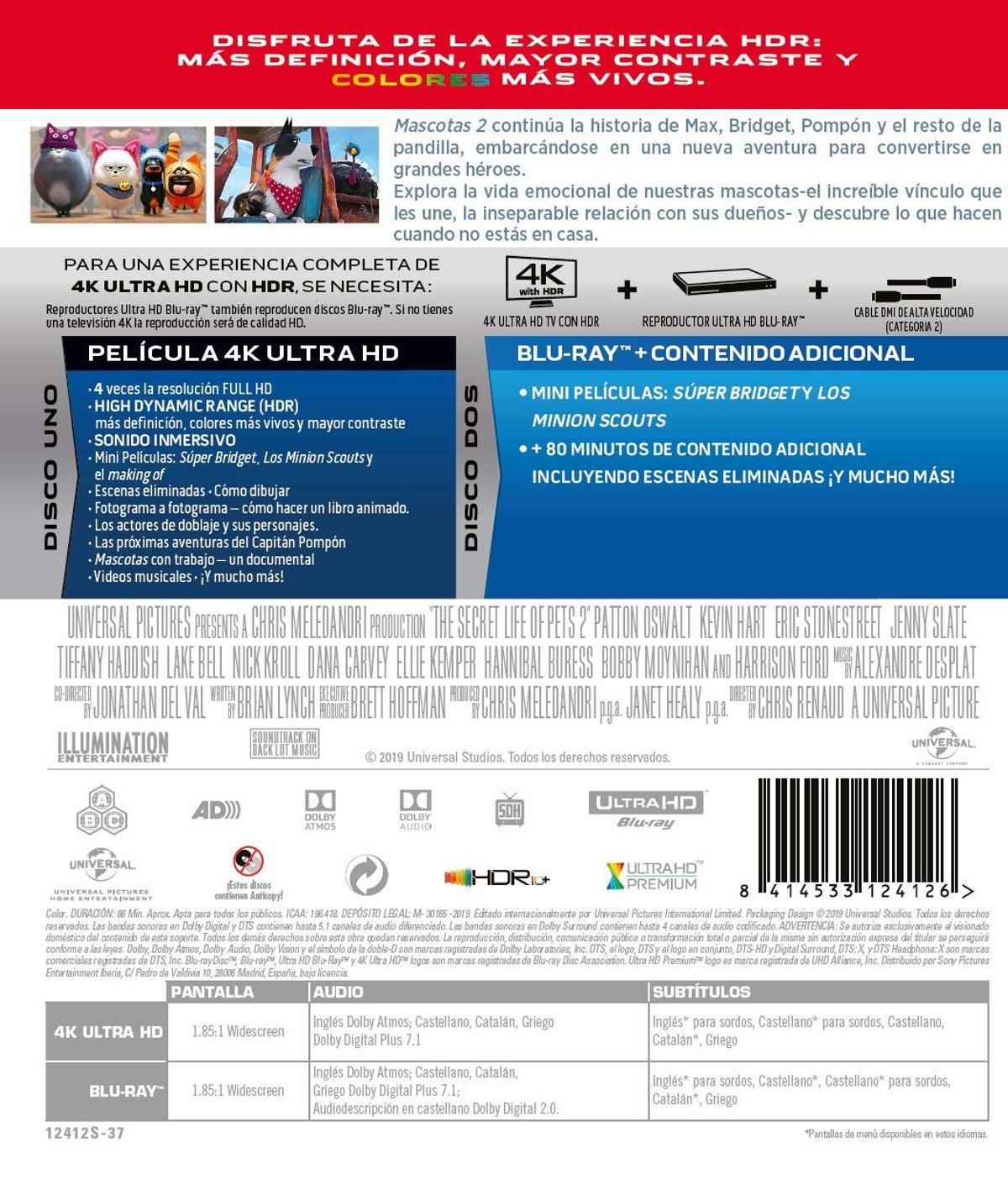 Portada de película con imágenes coloridas y texto promocionando la película 'Masotas 2' en un disco Blu-ray.