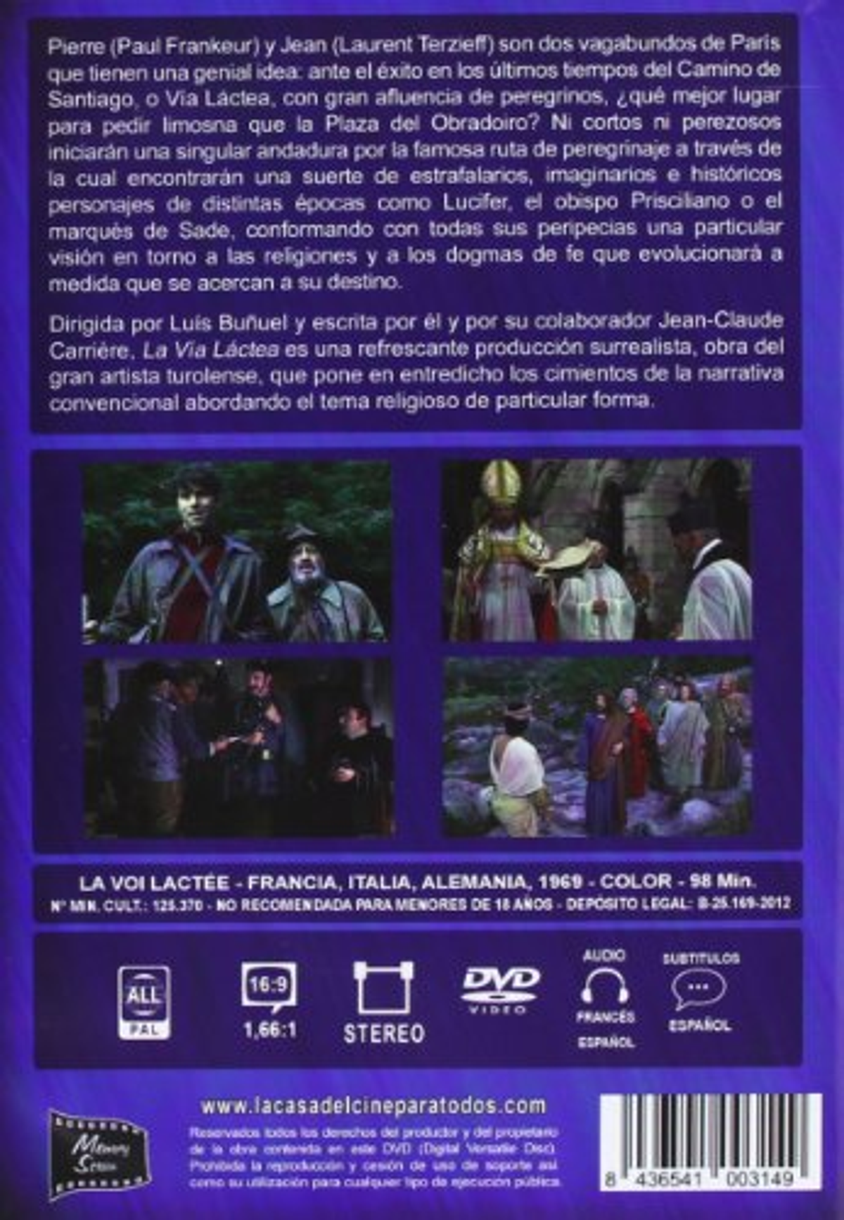 Contraportada del DVD. Película: La Voie Lactée. Escenas de la película con texto en francés y español.