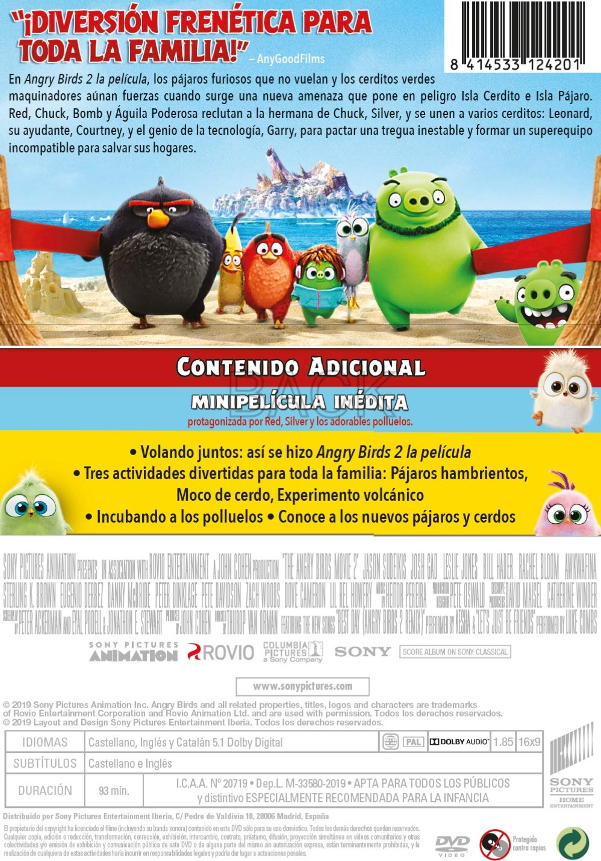 Contraportada de la película. Personajes de Angry Birds en una playa. Texto y contenido adicional.