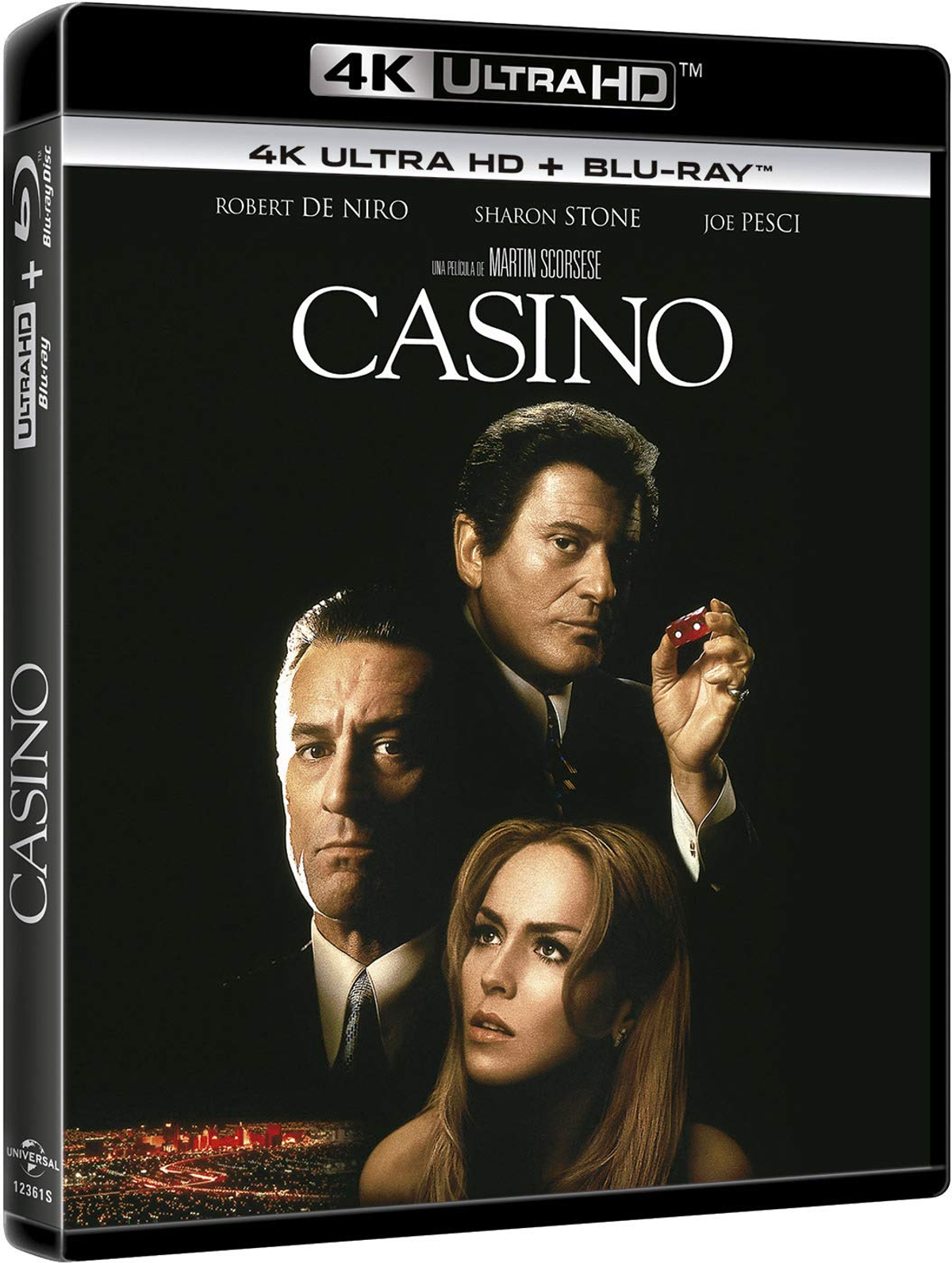 Portada de película con actores y texto. Un hombre sostiene un dado. 4K Ultra HD.