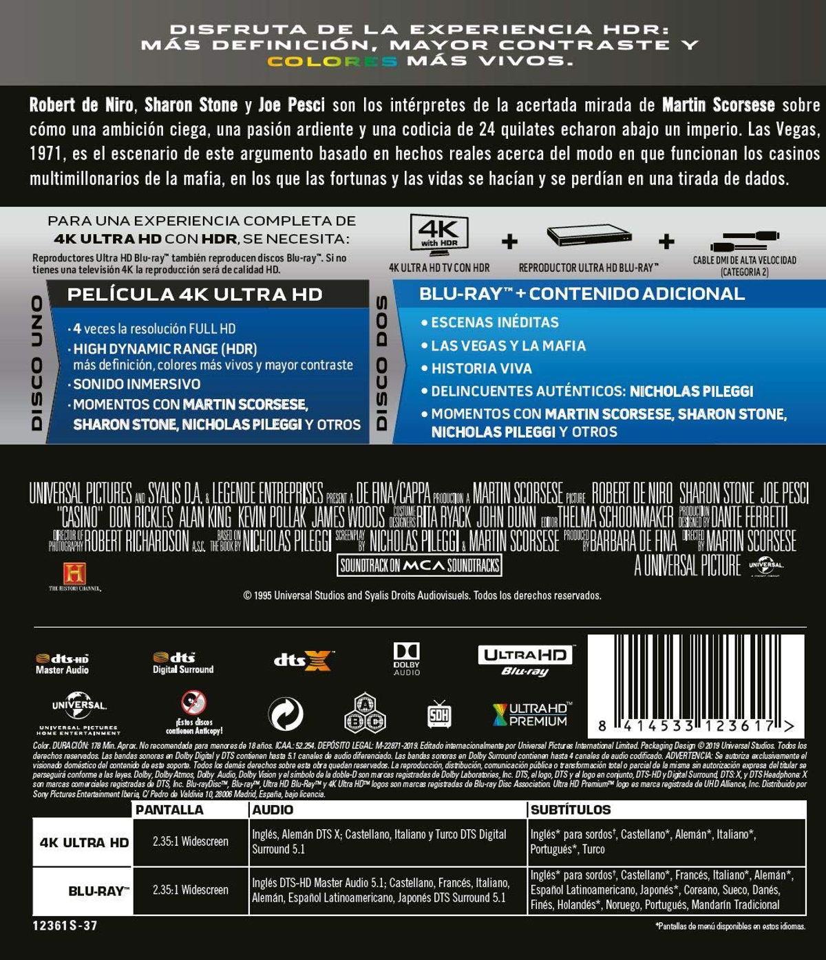 Portada de DVD. Texto sobre 'Casino'. Logotipo de Blu-ray y varios logos.