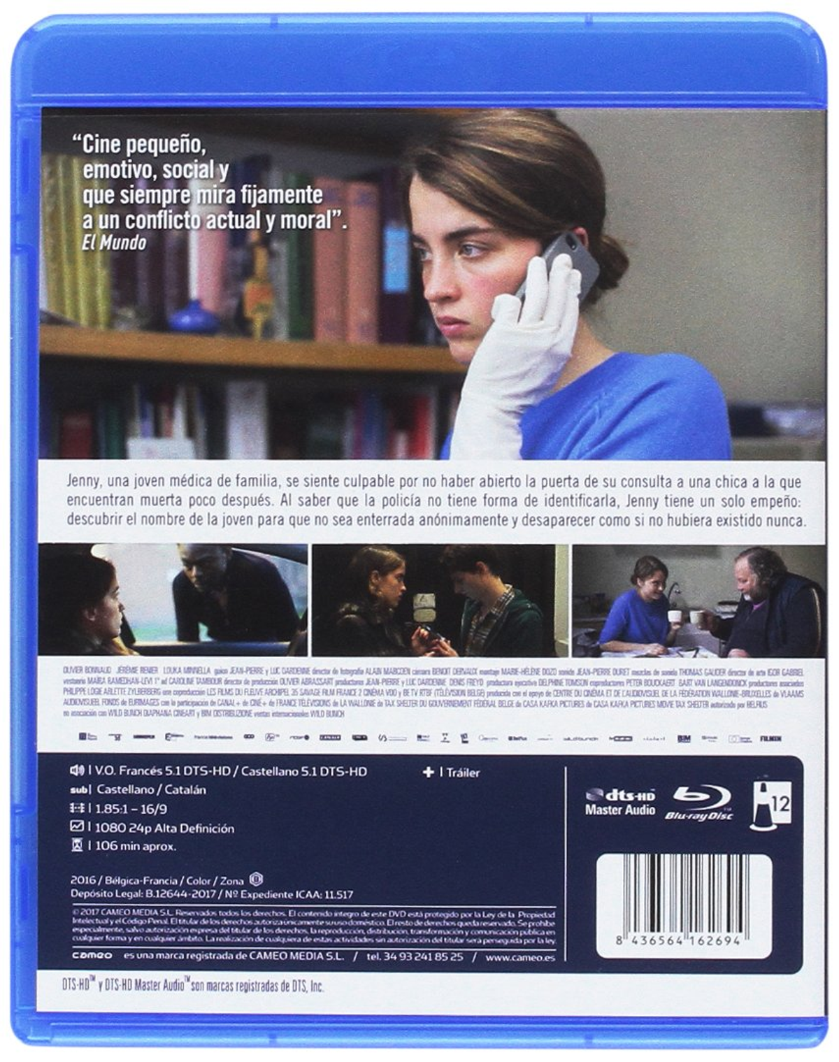 Contraportada del disco Blu-ray. Mujer al teléfono, expresión seria. Reseñas y detalles de la película en español.