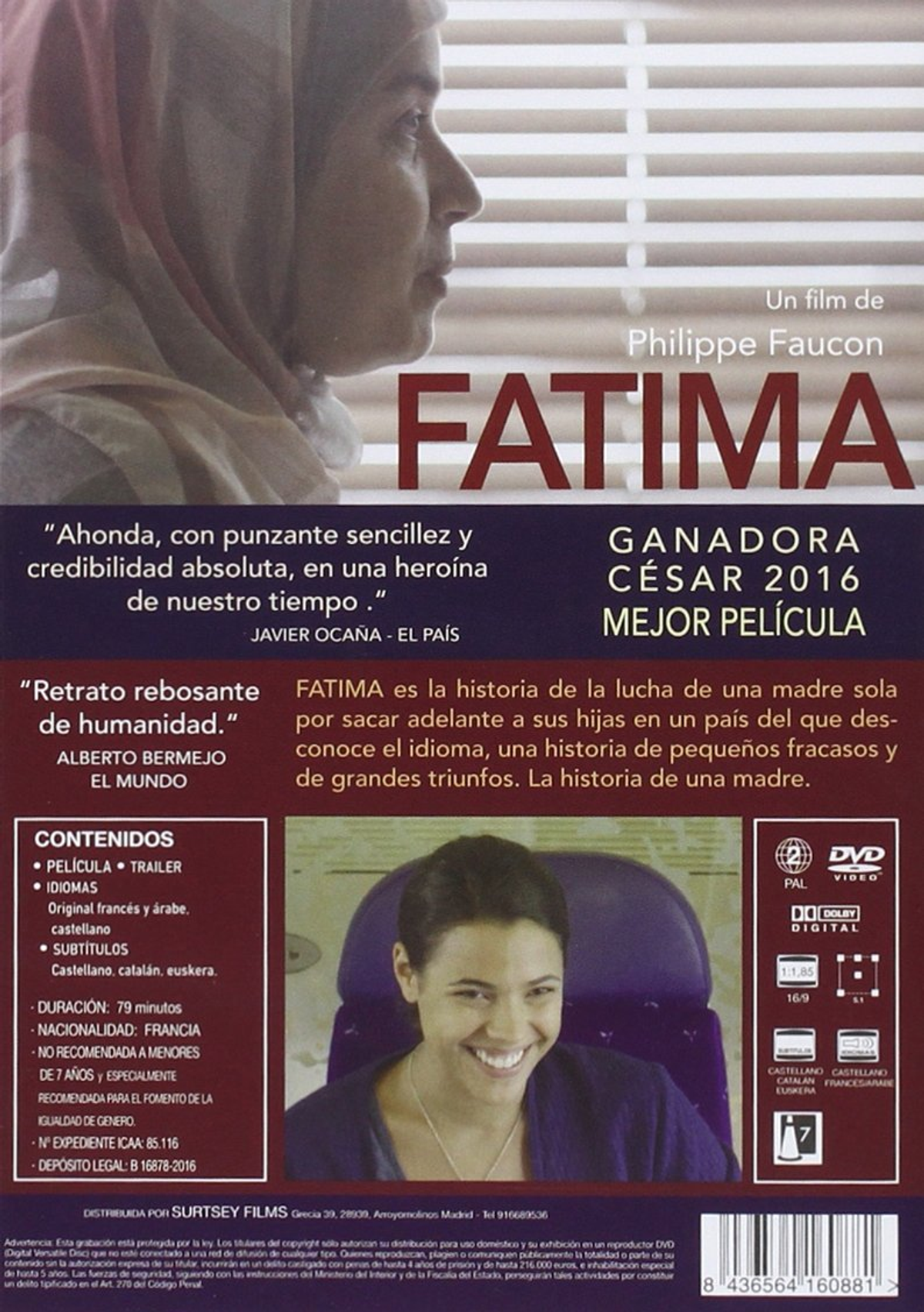 Portada DVD de mujer con pañuelo. Título: Fatima. Texto en la parte trasera.