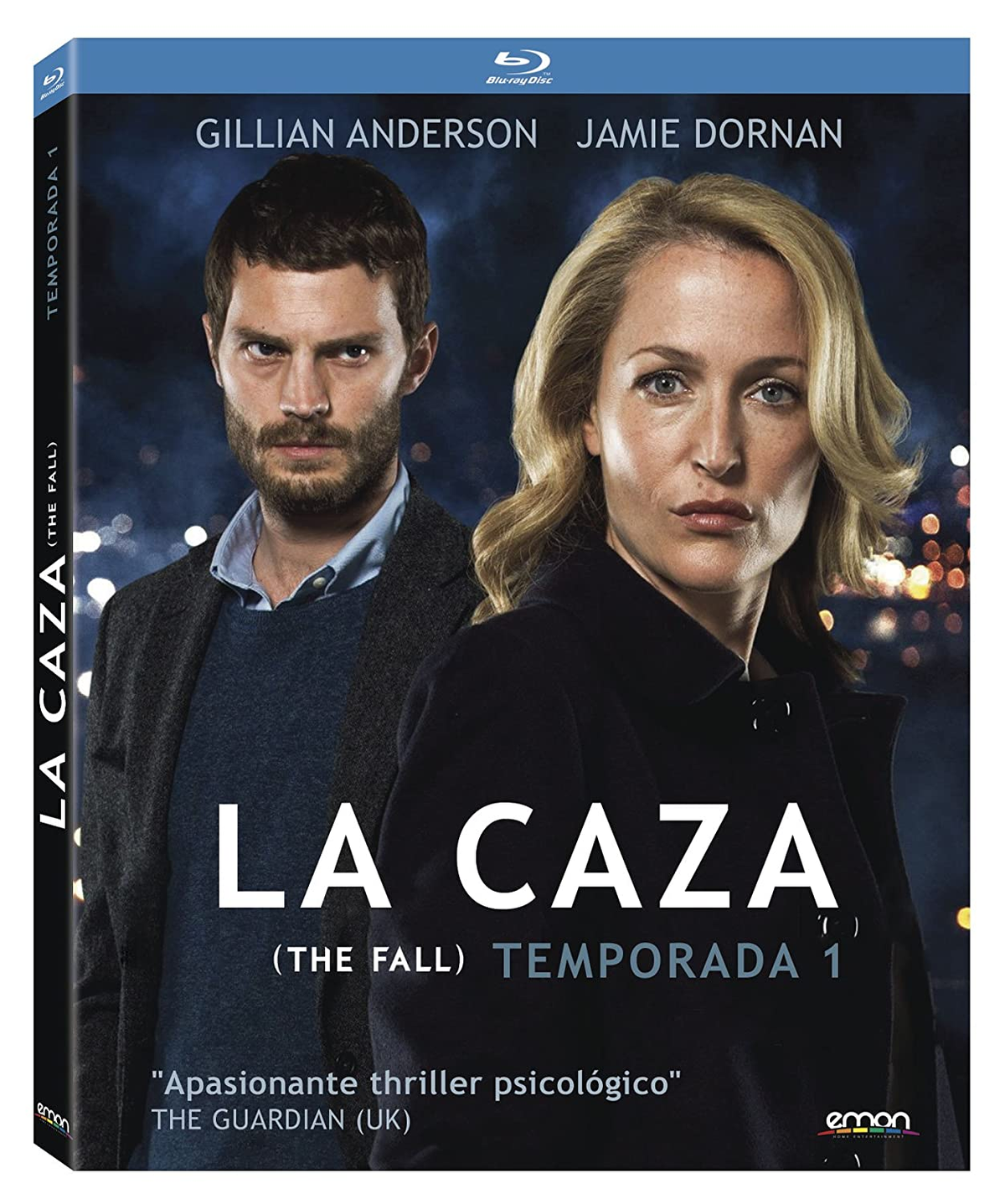 Portada de DVD con Gillian Anderson y Jamie Dornan. Título: La Caza (The Fall) Temporada 1.