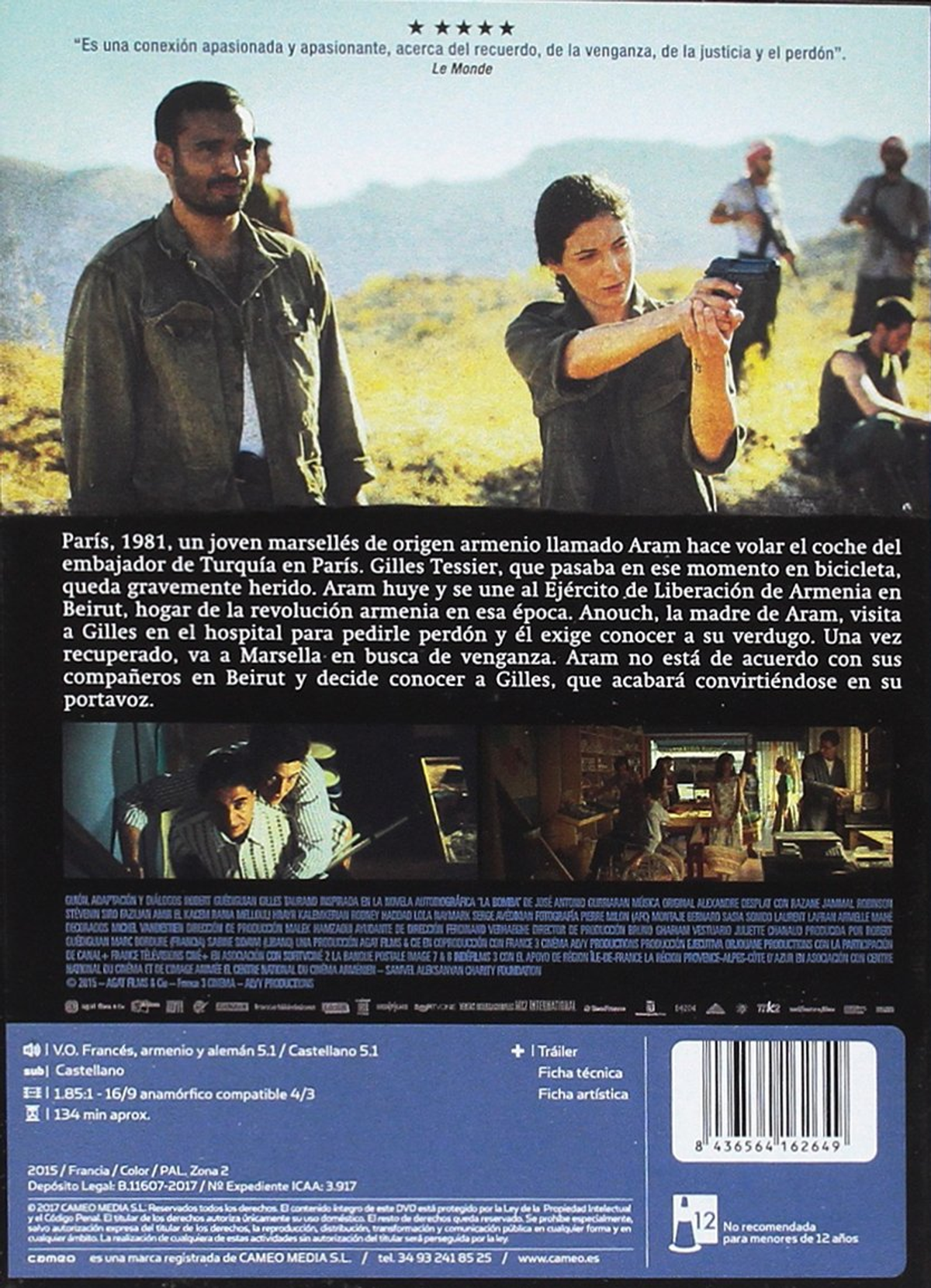 Contraportada del DVD. Película: Aram, un joven y una mujer con una pistola. Texto en varios idiomas.