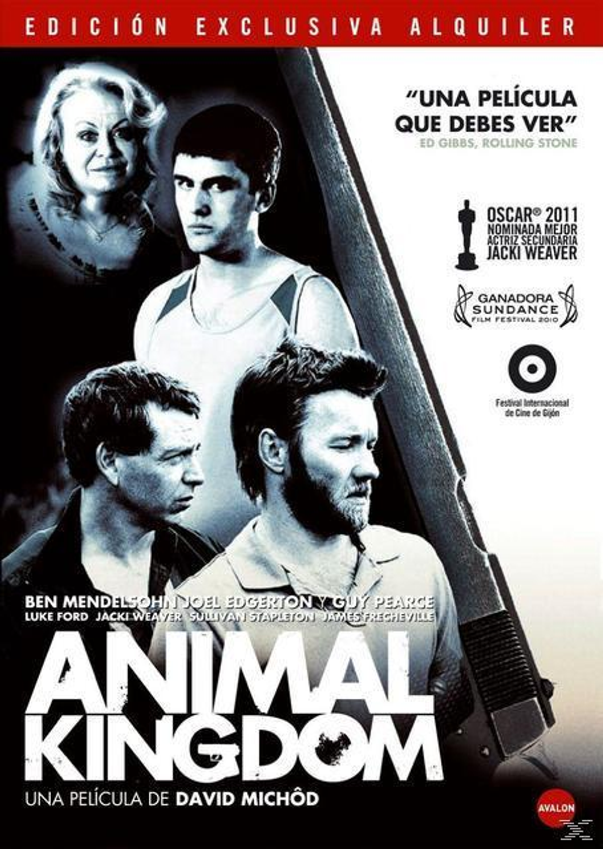 Portada de DVD. Título de la película 'Animal Kingdom'. Imágenes de actores con un arma y texto.