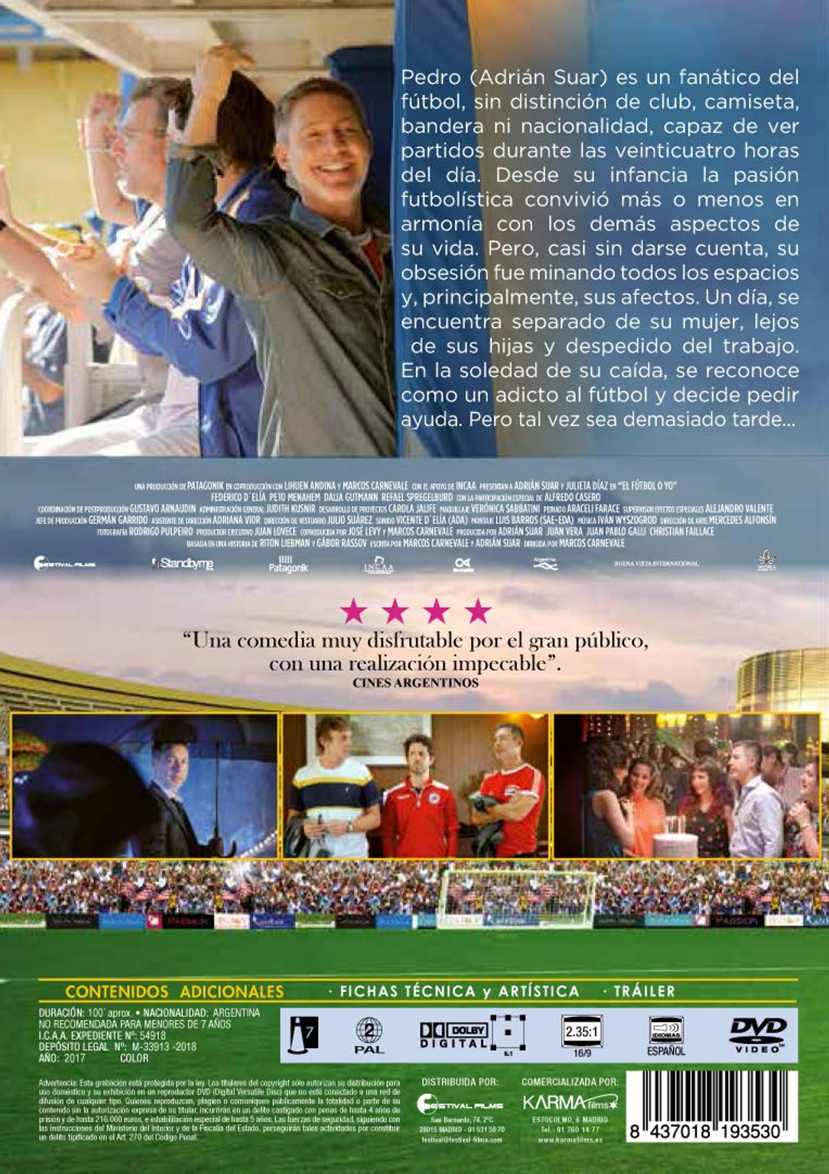 Parte trasera de la carátula del DVD. Texto en español. Título: El fútbol y yo.