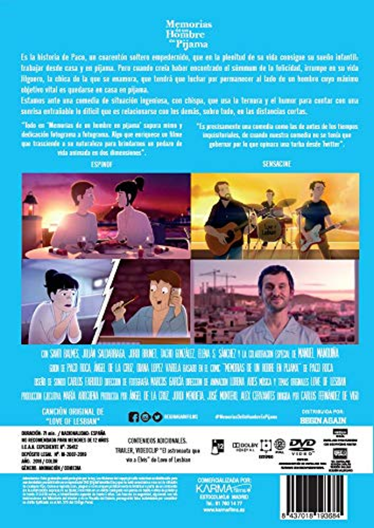 Portada de película: Personajes animados, banda, título 'Memorias de un Hombre Pijama'.