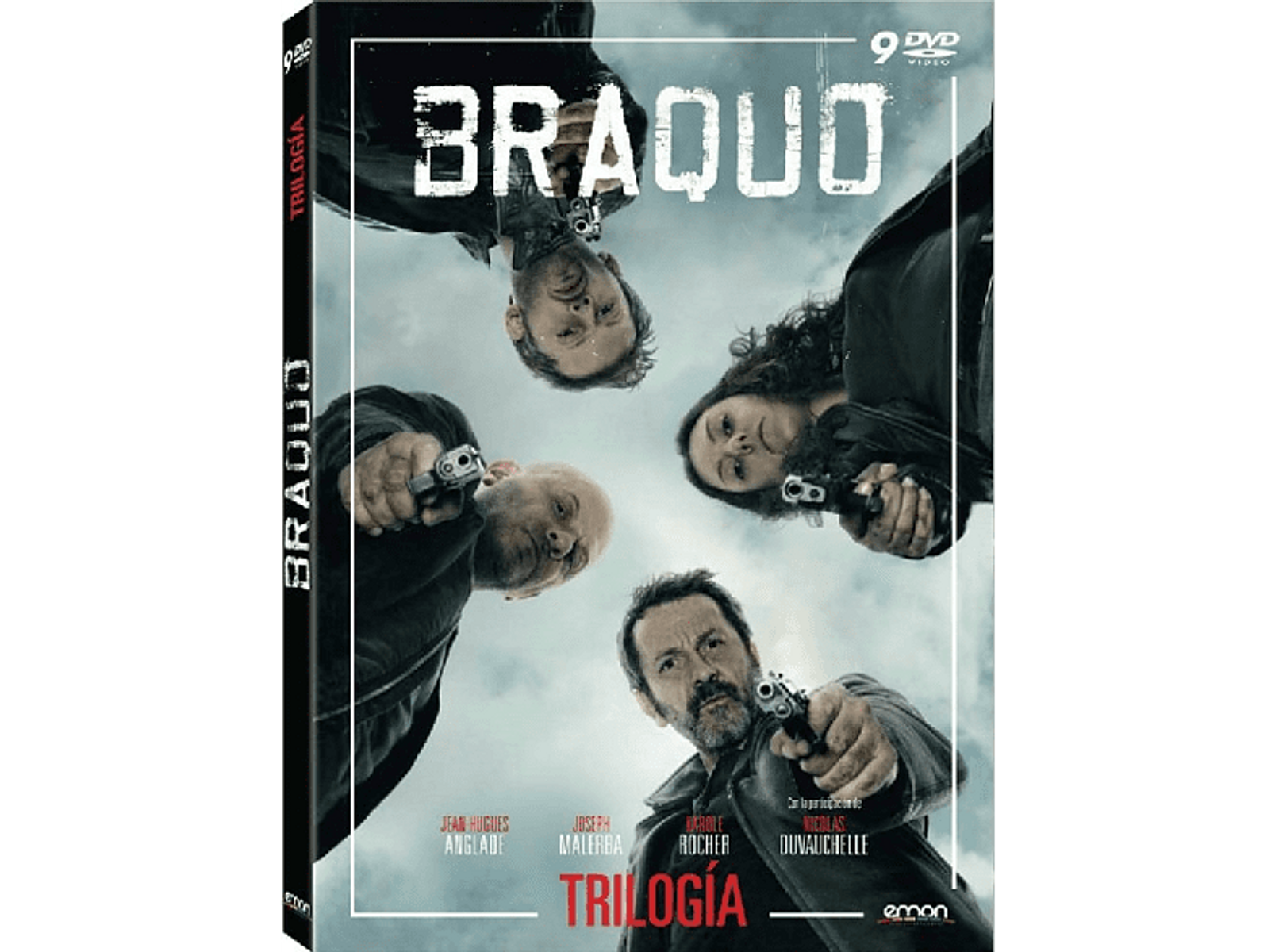 Cartel de película con cuatro hombres sosteniendo armas. El título es Braquo. El fondo es un cielo azul.