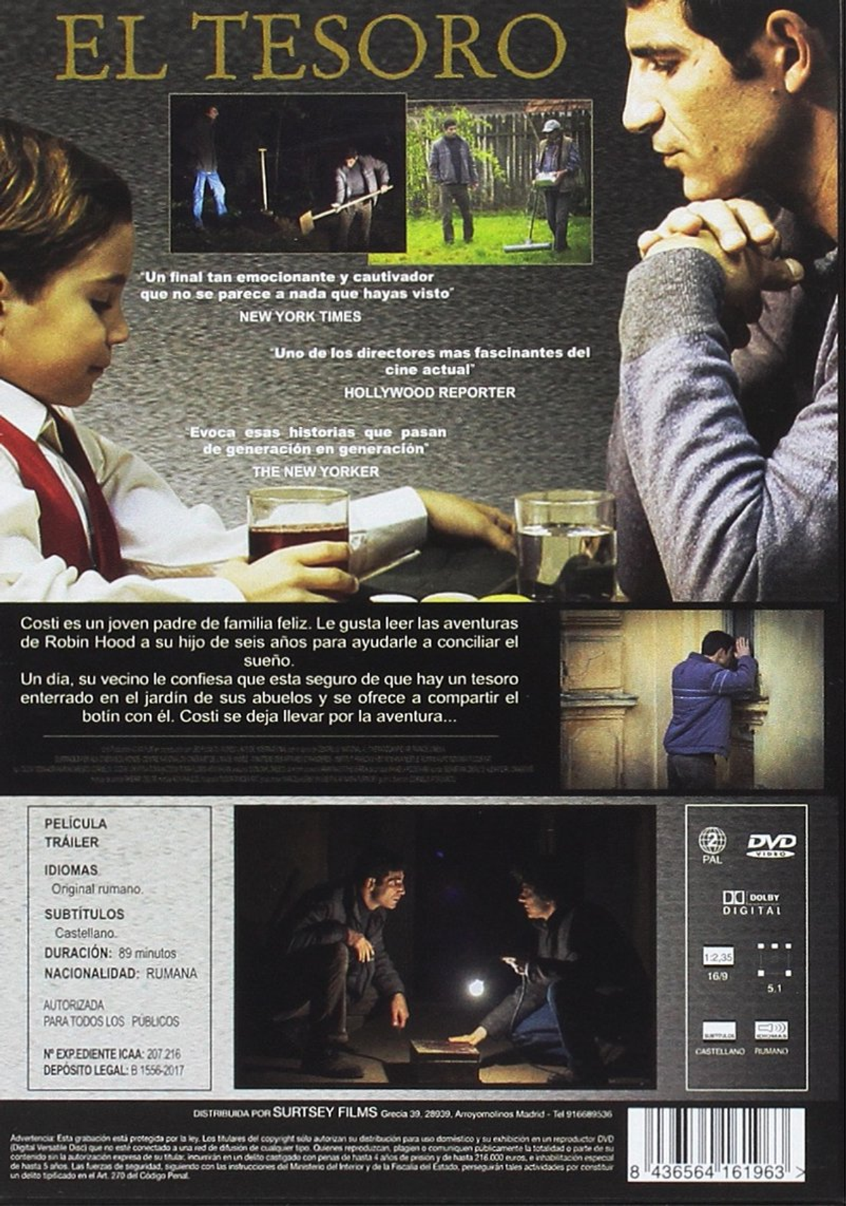 Portada de DVD. La parte trasera de un DVD con texto e imágenes. Un niño pequeño lee un libro. Título: El tesoro.