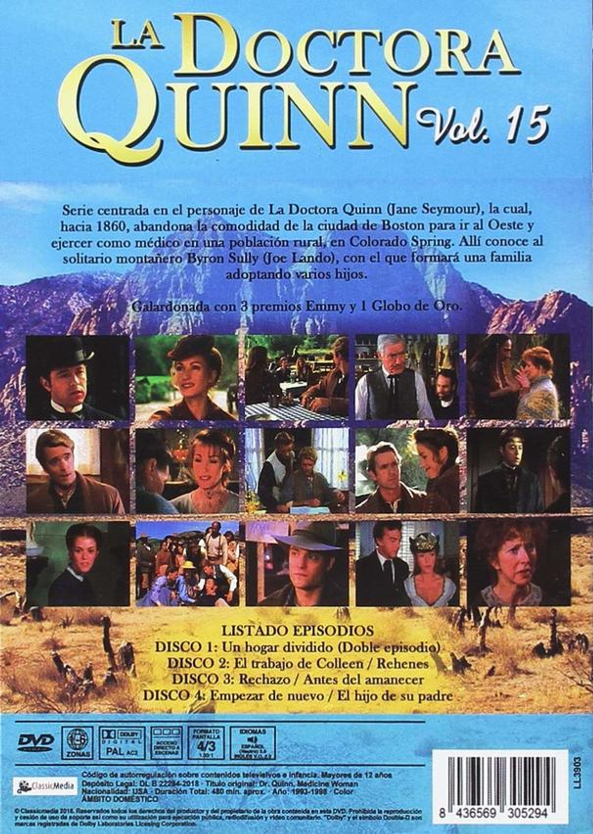 Portada de DVD de 'La Doctora Quinn Vol. 15'. Contiene imágenes del elenco y un paisaje.