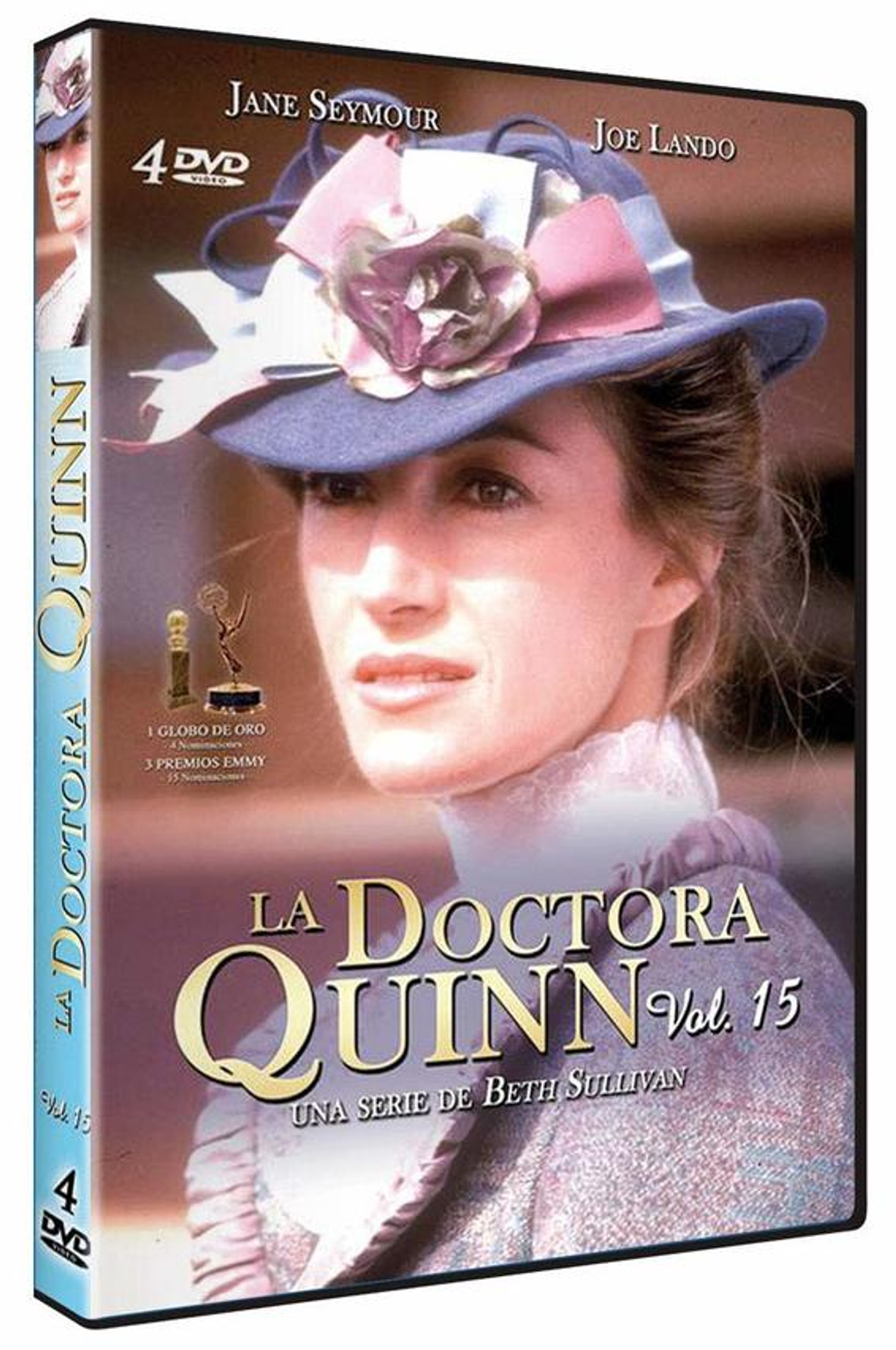 Portada de DVD de La Doctora Quinn. Se muestra una mujer con sombrero con texto. La portada es un DVD.