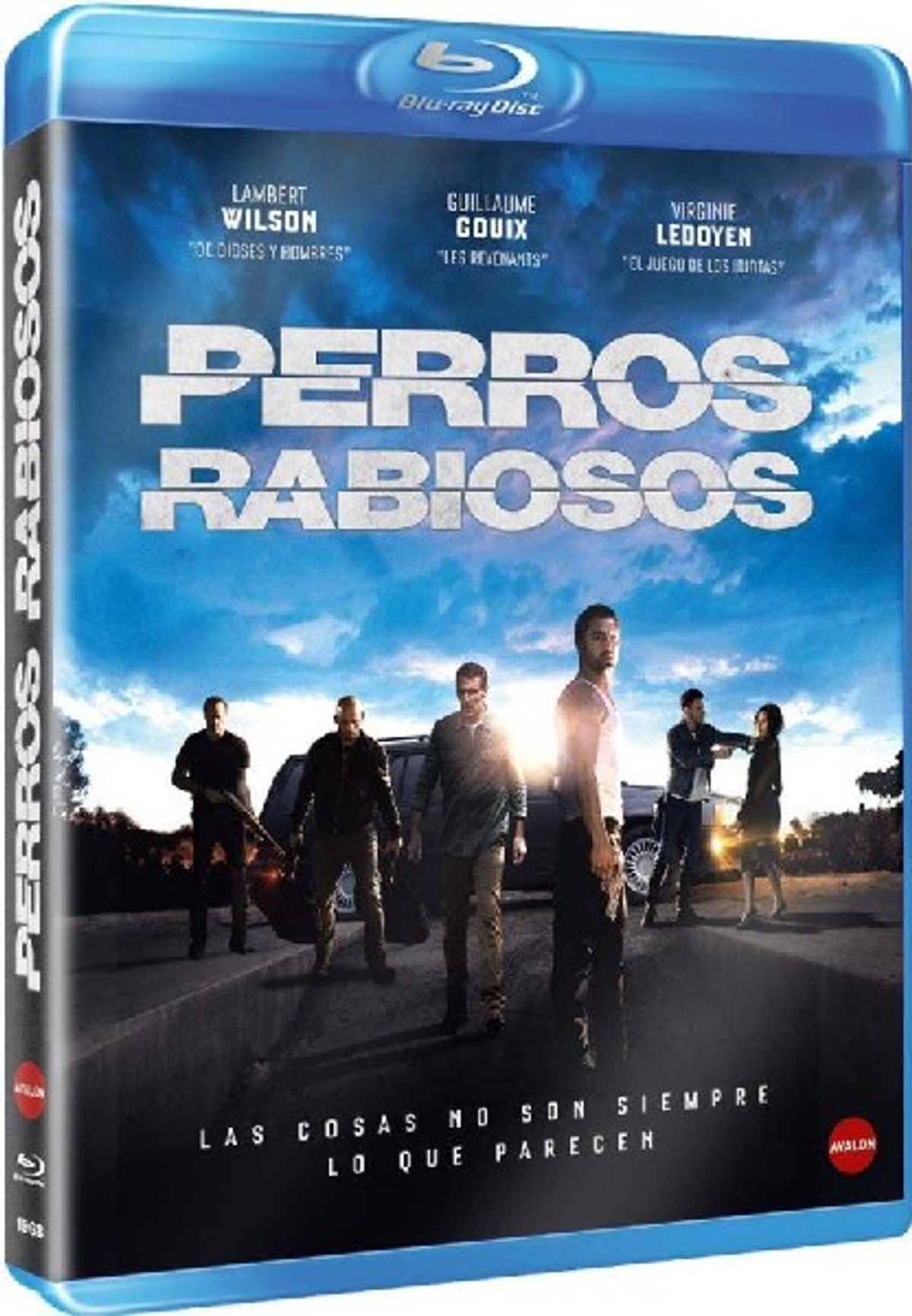 Portada de película con coche, grupo de hombres y título 'Perros Rabiosos'.