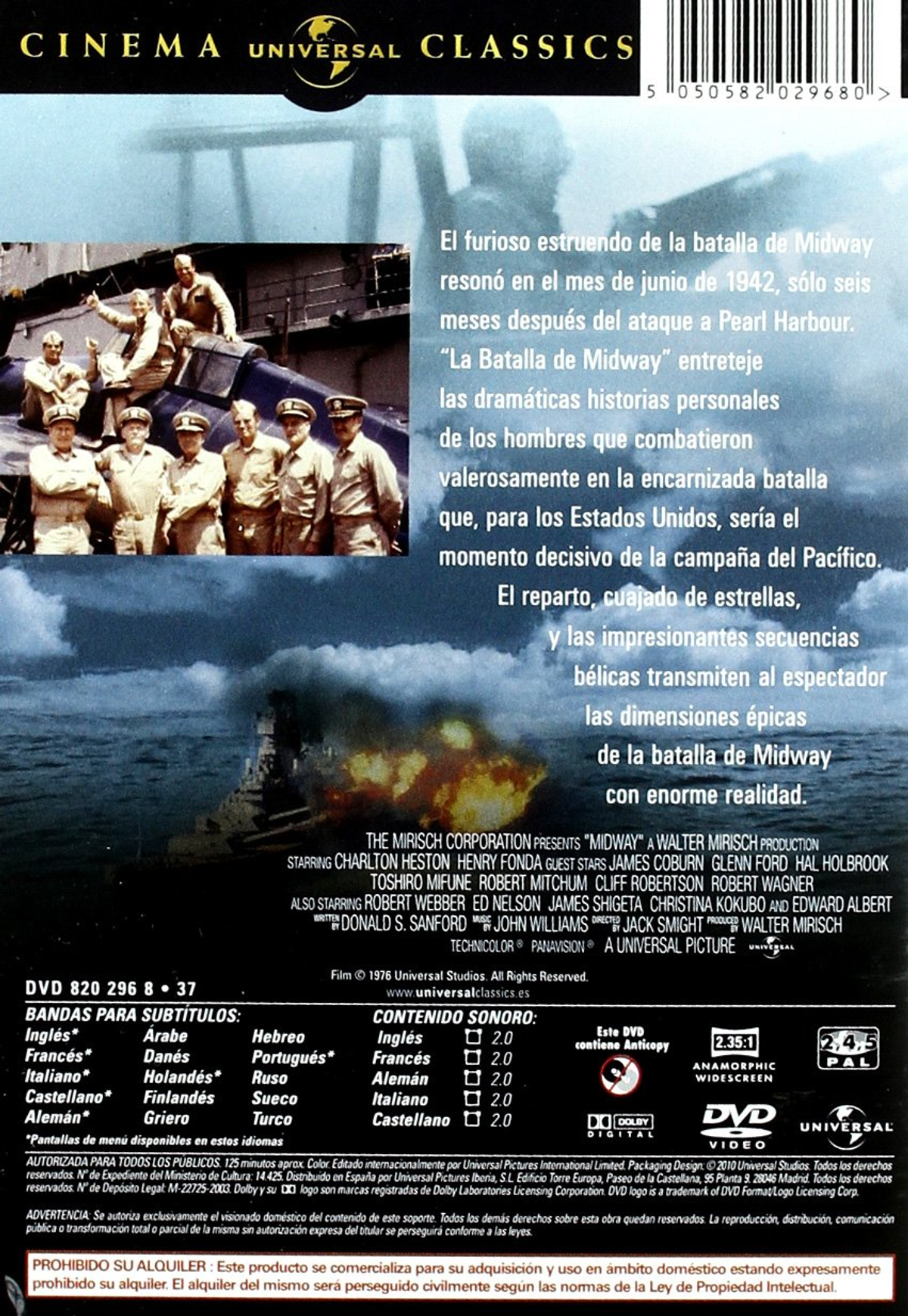 Parte trasera del DVD de 'Midway'. Texto en español que describe la película y los actores.