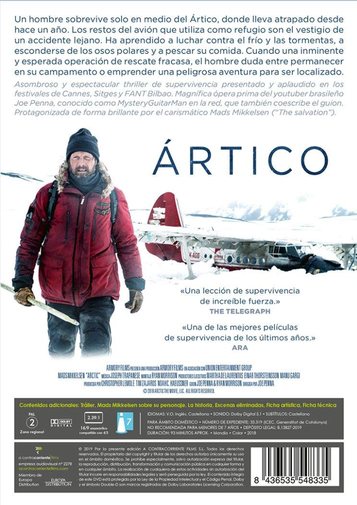 Portada de la película: Un hombre con chaqueta roja mirando hacia otro lado. Título 'Ártico'.