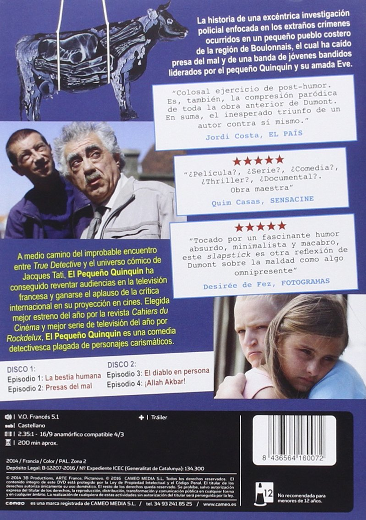 Contraportada Blu-ray. Hombres, ilustración de vaca. Título de la película en español. Reseñas y créditos.