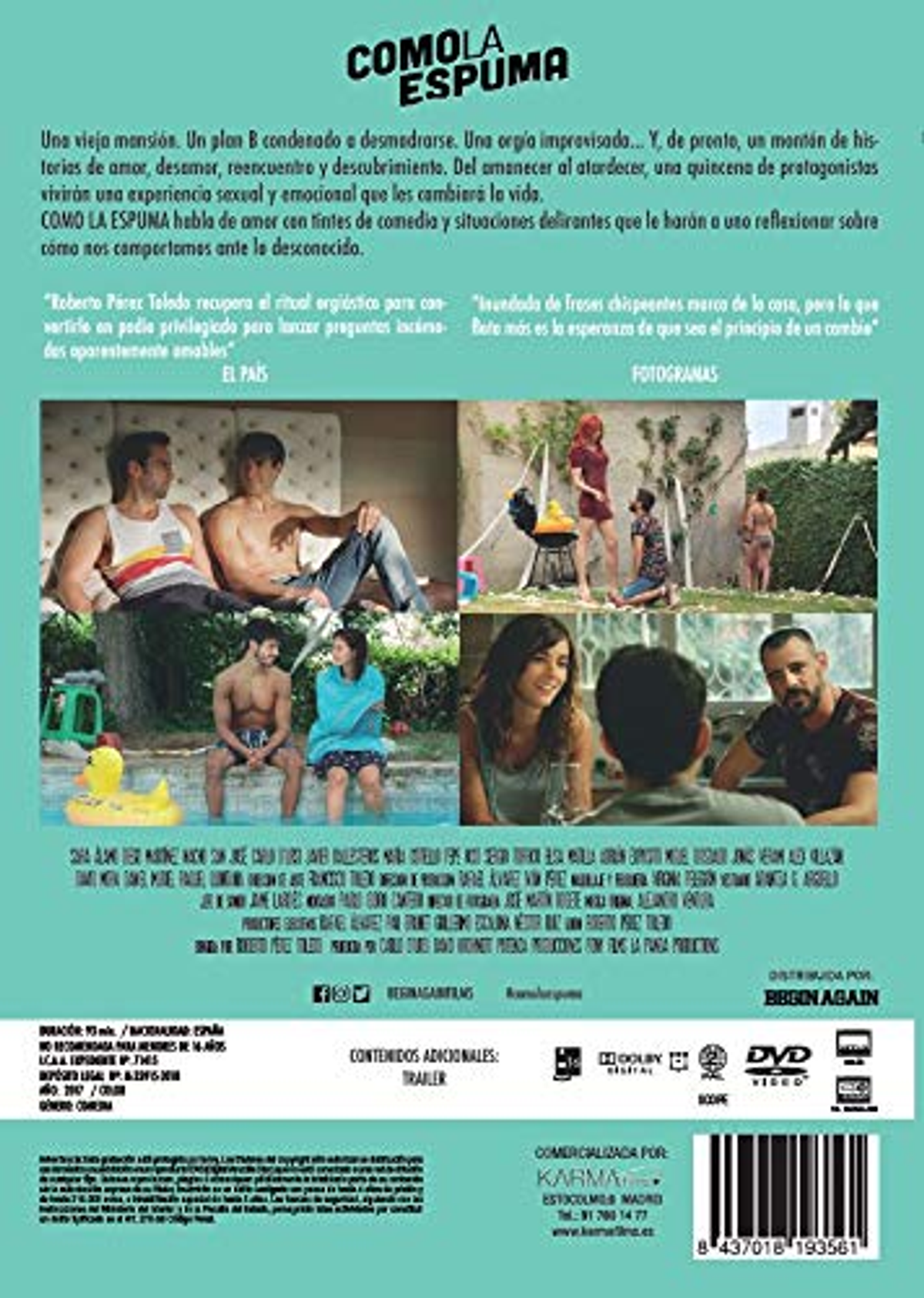 Portada de película con varias personas cerca de una piscina. El texto está en español, con un entorno de playa.