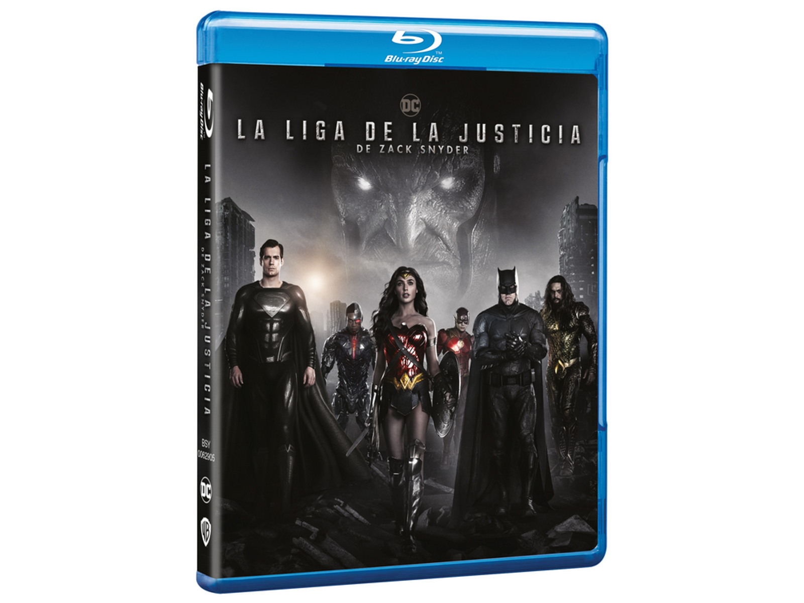 Portada de Blu-ray con superhéroes. Título en español: La Liga de la Justicia de Zack Snyder.