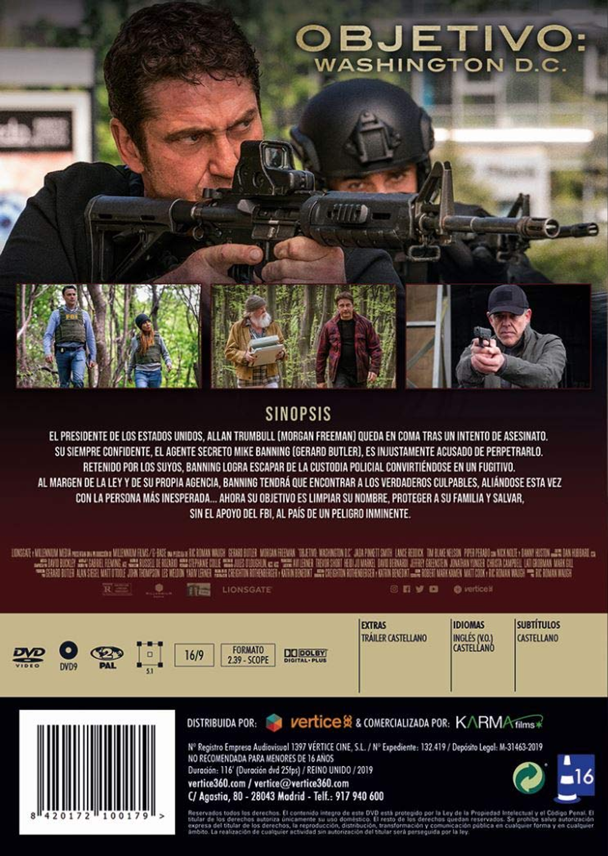Contraportada del DVD de 'Objetivo: Washington D.C.'. Un hombre apuntando con un arma, otras personas en el fondo.