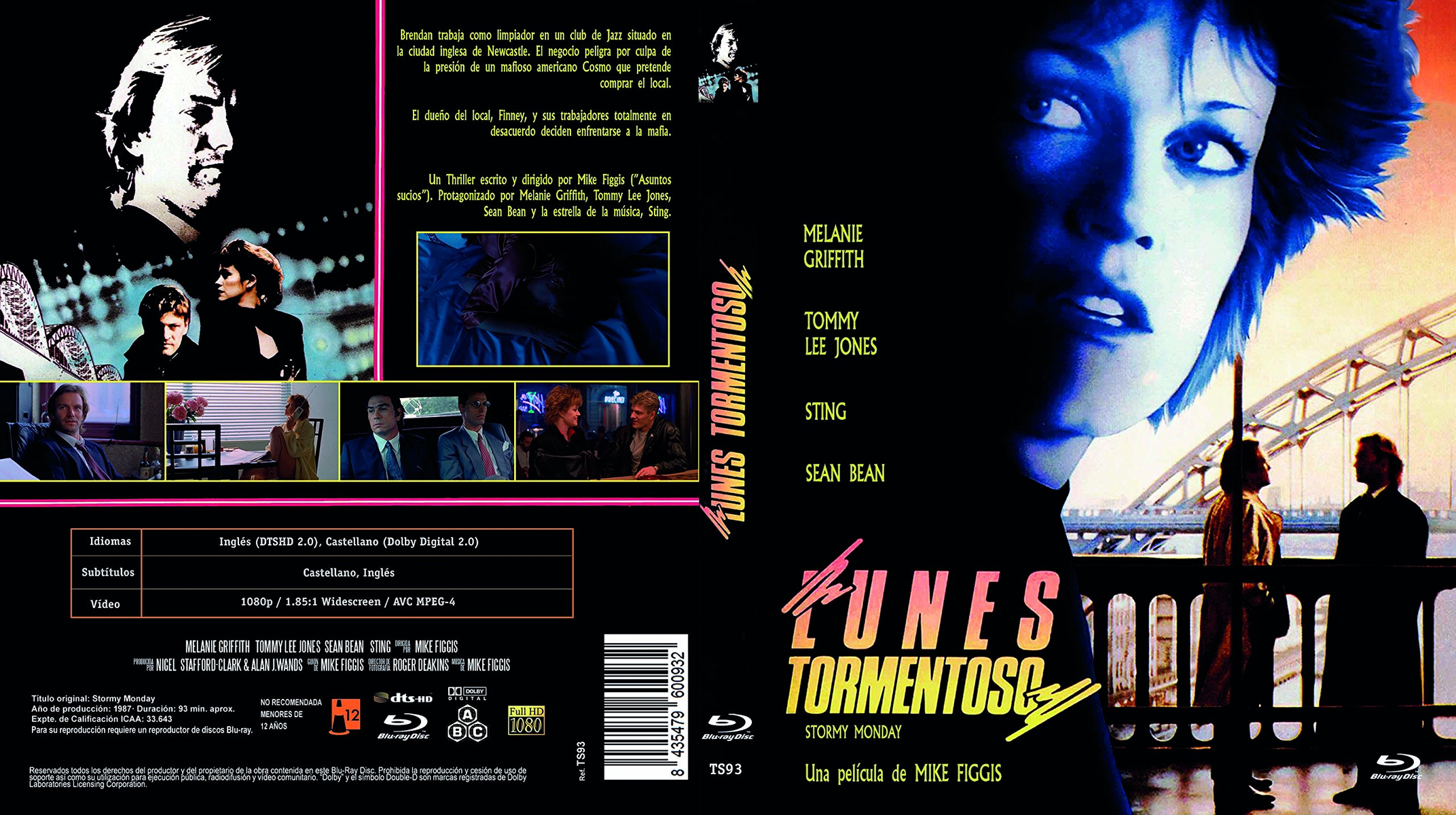 Portada de DVD de Stormy Monday. Una mujer y dos hombres, un puente de fondo, texto en español, colores oscuros.